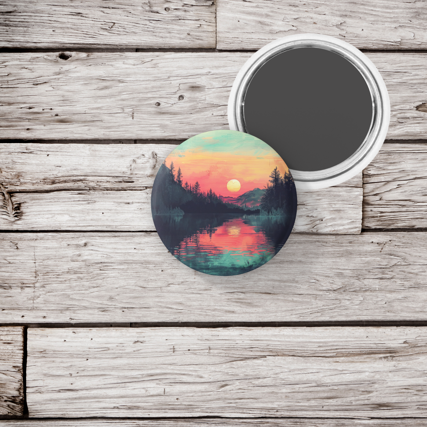 Sunset Forest Lake Pin Back Button, Magnet