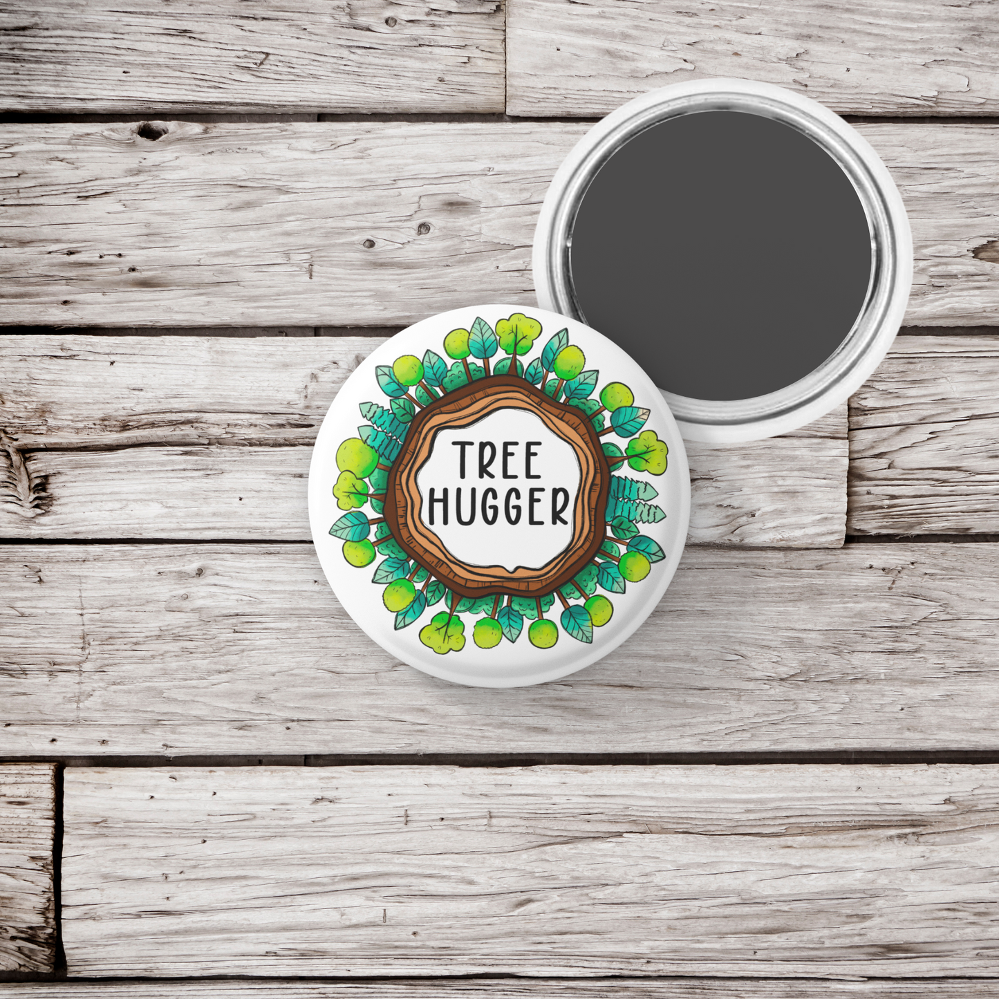 Tree Hugger Pin Back Button, Magnet, Keychain