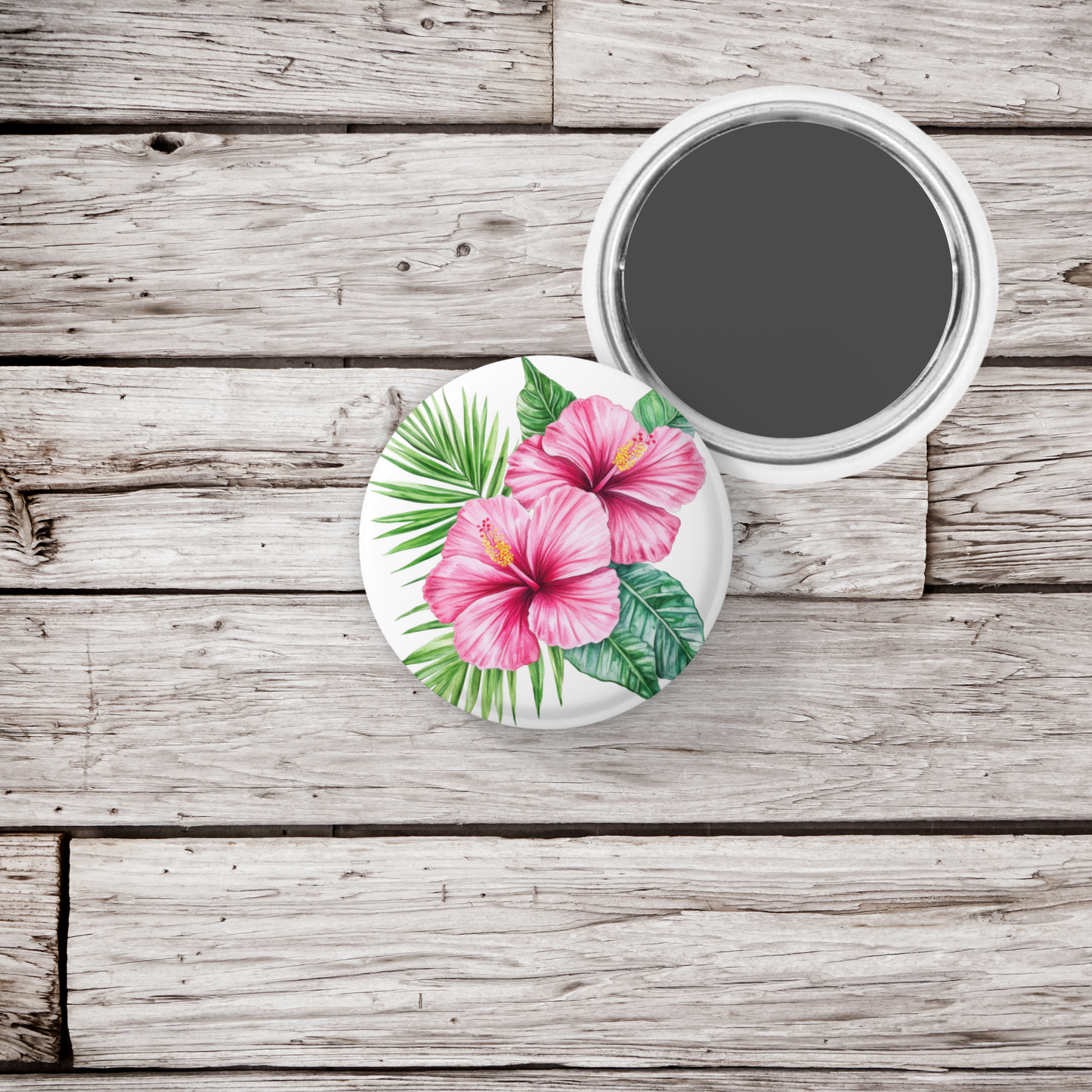 Pink Hibiscus Flower Pin Back Button, Magnet