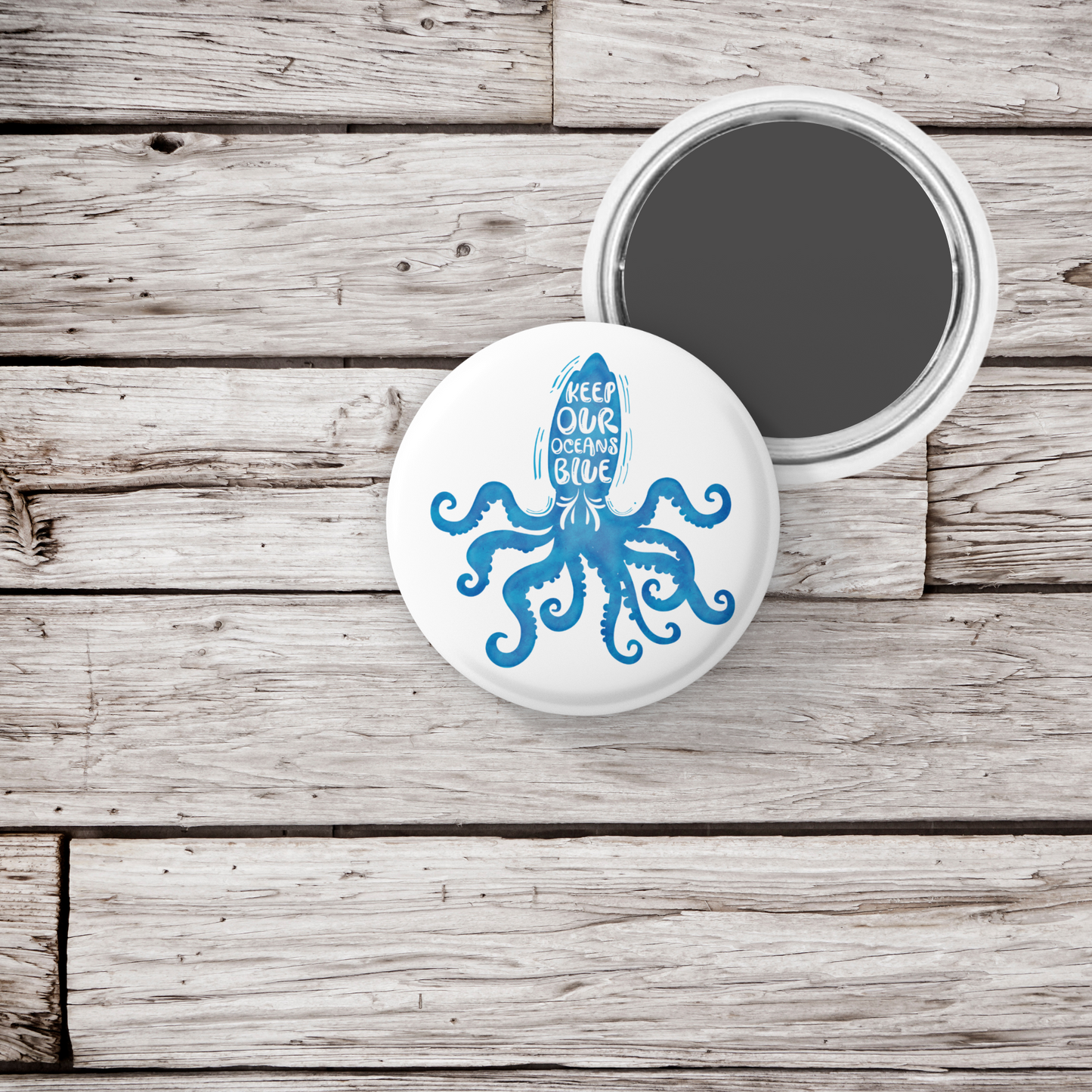 Keep Our Oceans Blue Pin Back Button, Magnet, Keychain