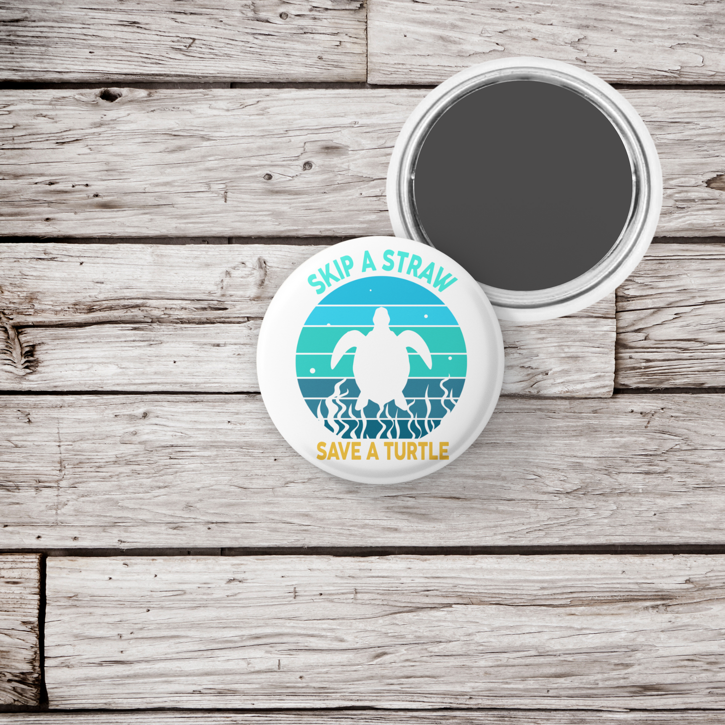 Skip A Straw Save A Turtle Pin Back Button, Magnet, Keychain