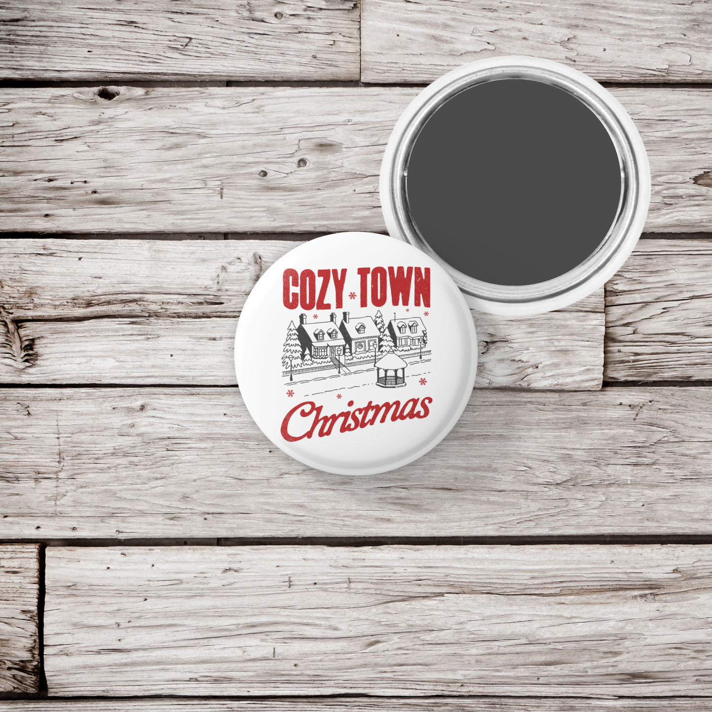 Cozy Town Christmas Pin Back Button, Magnet
