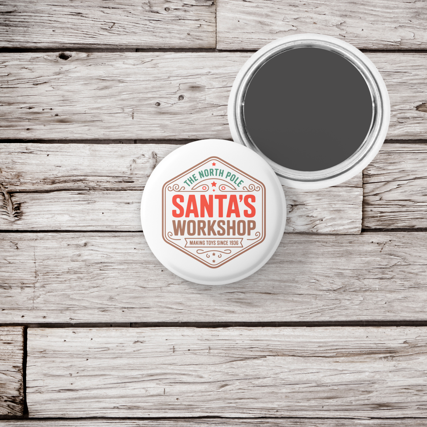 The North Pole Santas Workshop Pin Back Button, Magnet