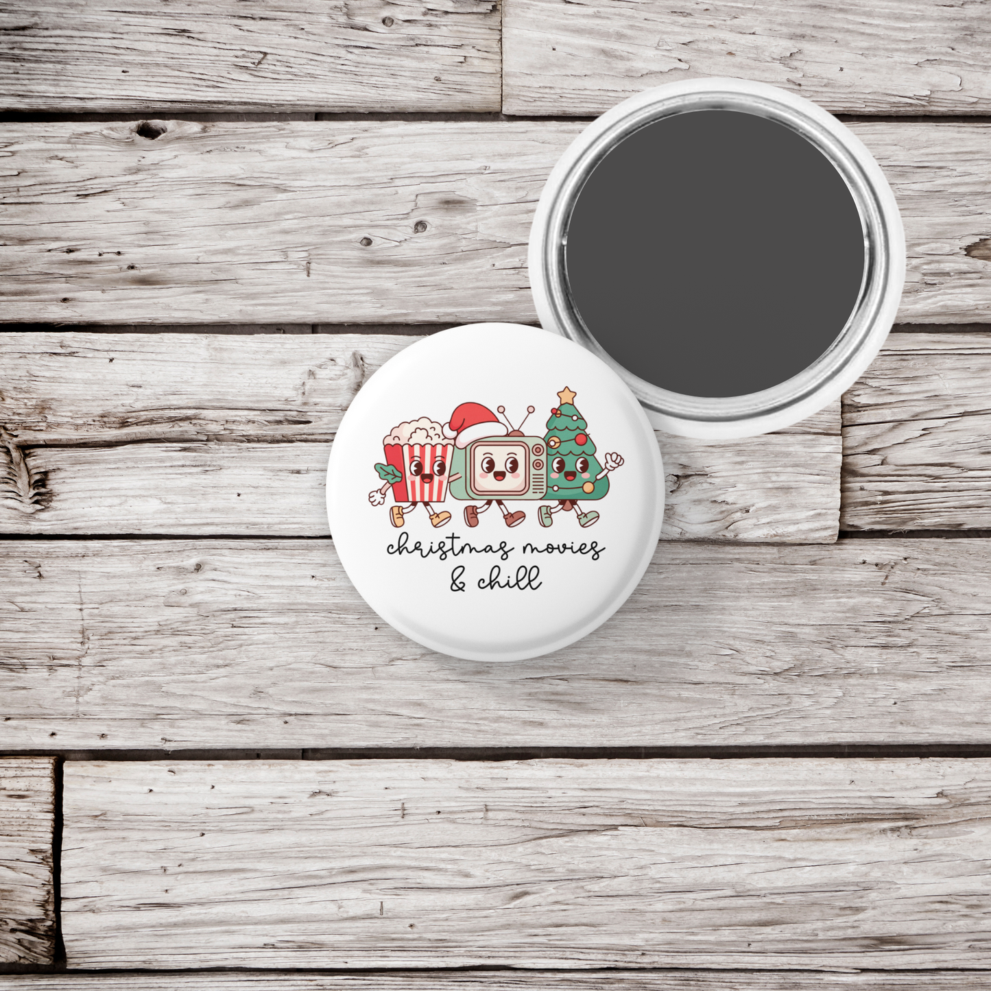 Christmas Movies & Chill Pin Pin Back Button, Magnet
