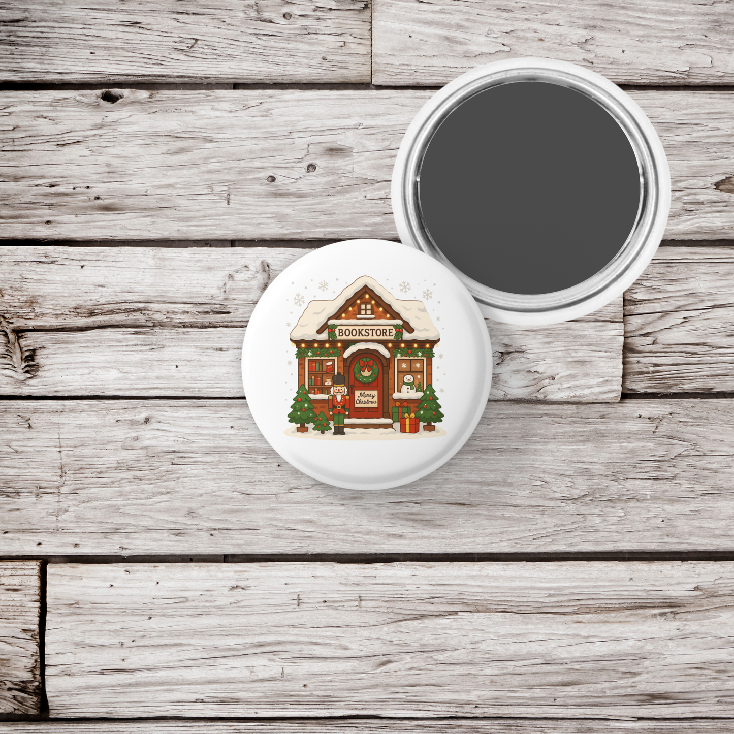 Christmas Book Store Pin Pin Back Button, Magnet