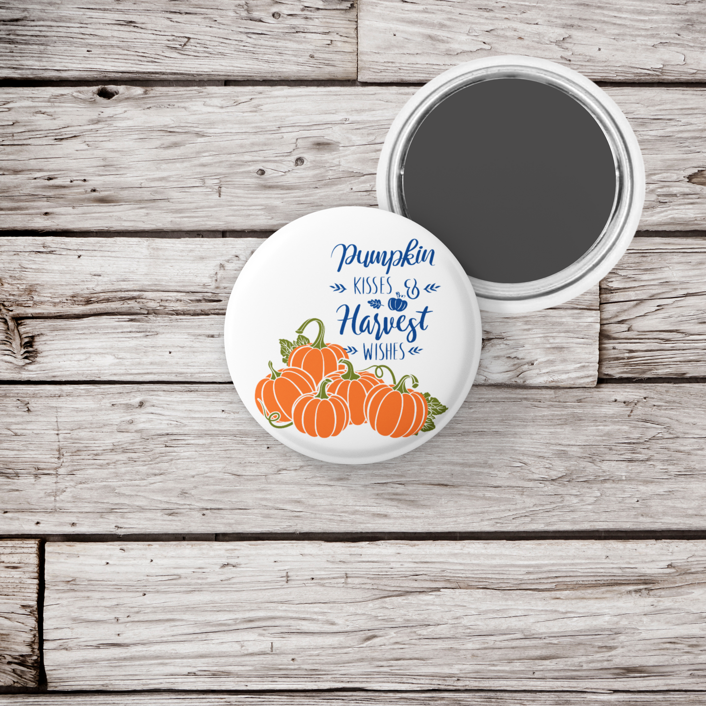 Pumpkin Kisses & Harvest Wishes Pin Back Button, Magnet, Keychain