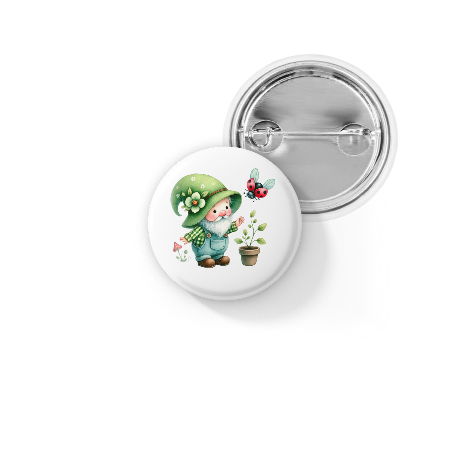 Garden Gnome Lady Bug Pin Back Button, Magnet