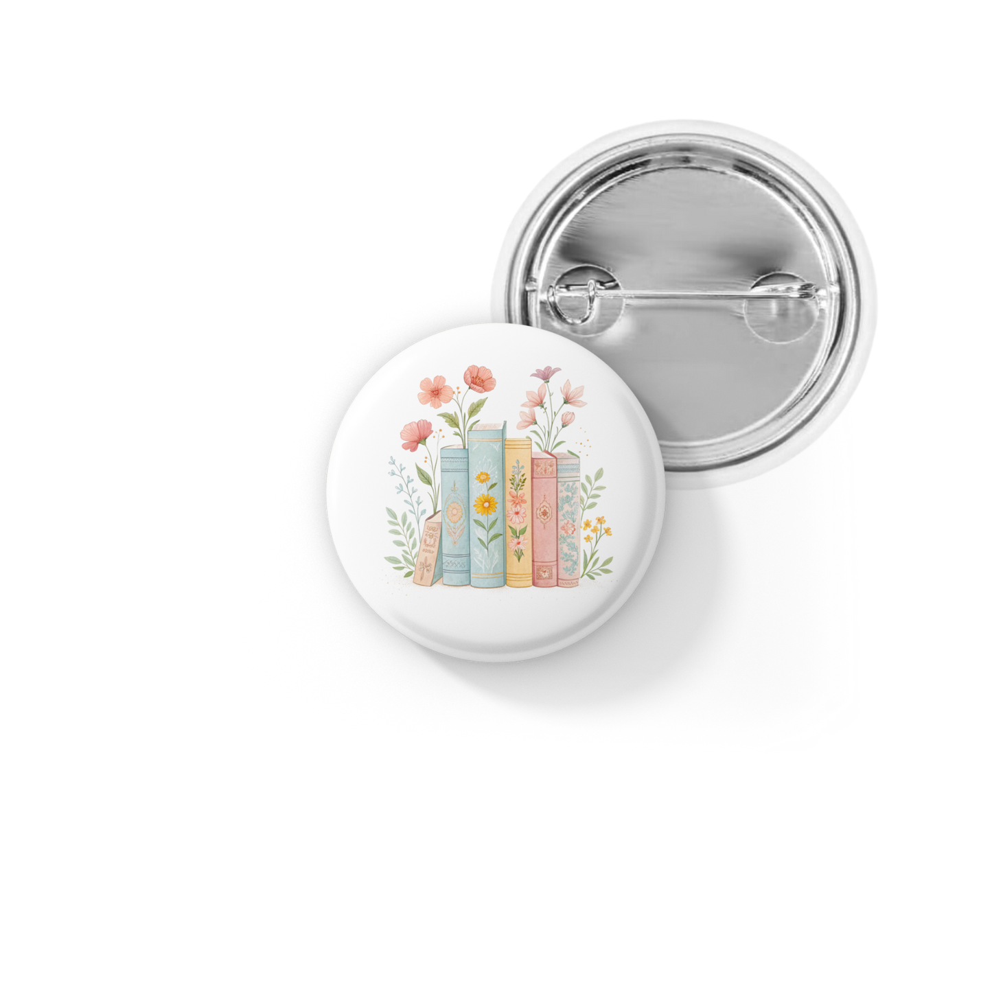 Floral Books Pin Back Button, Magnet