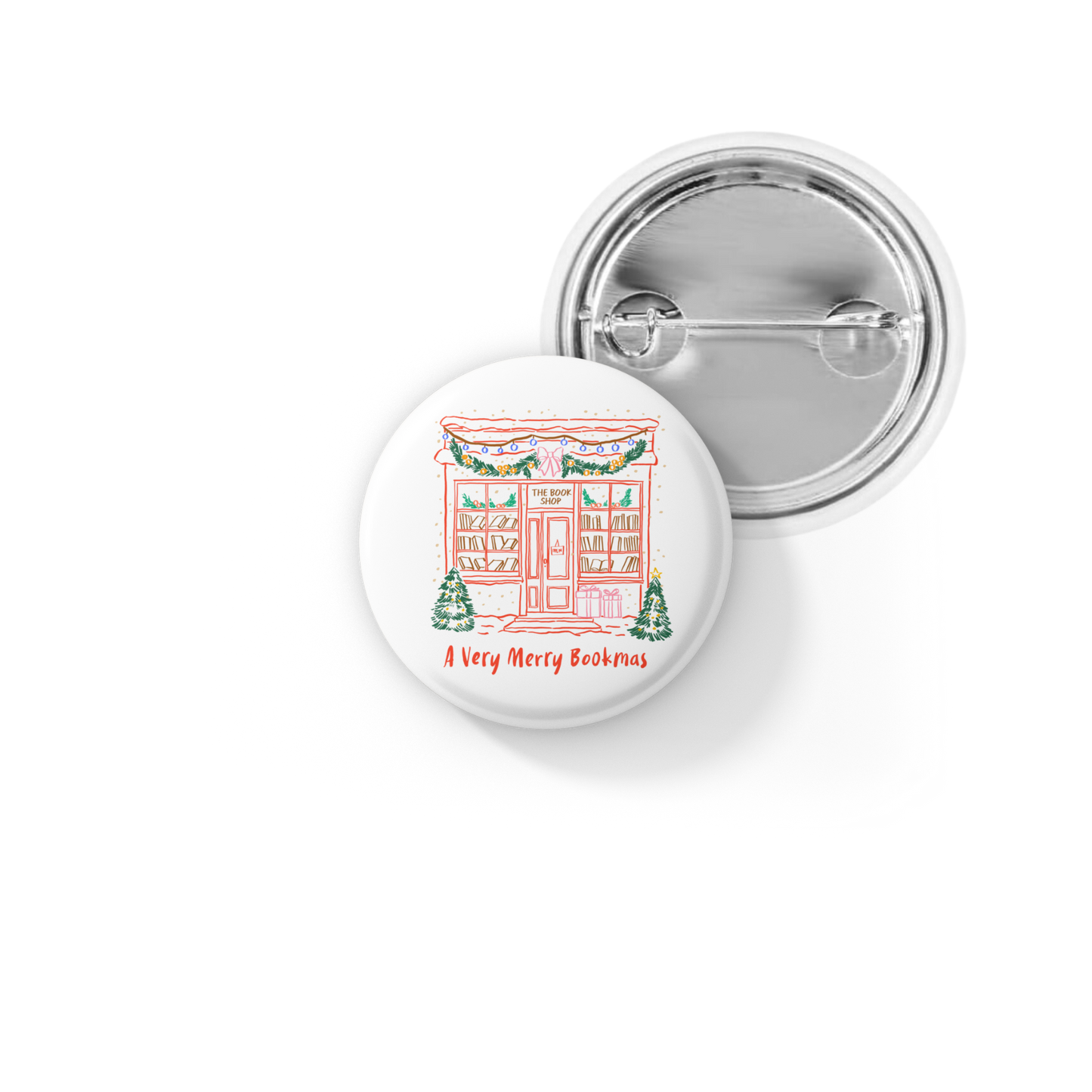 Christmas Bookshop Pin Pin Back Button, Magnet