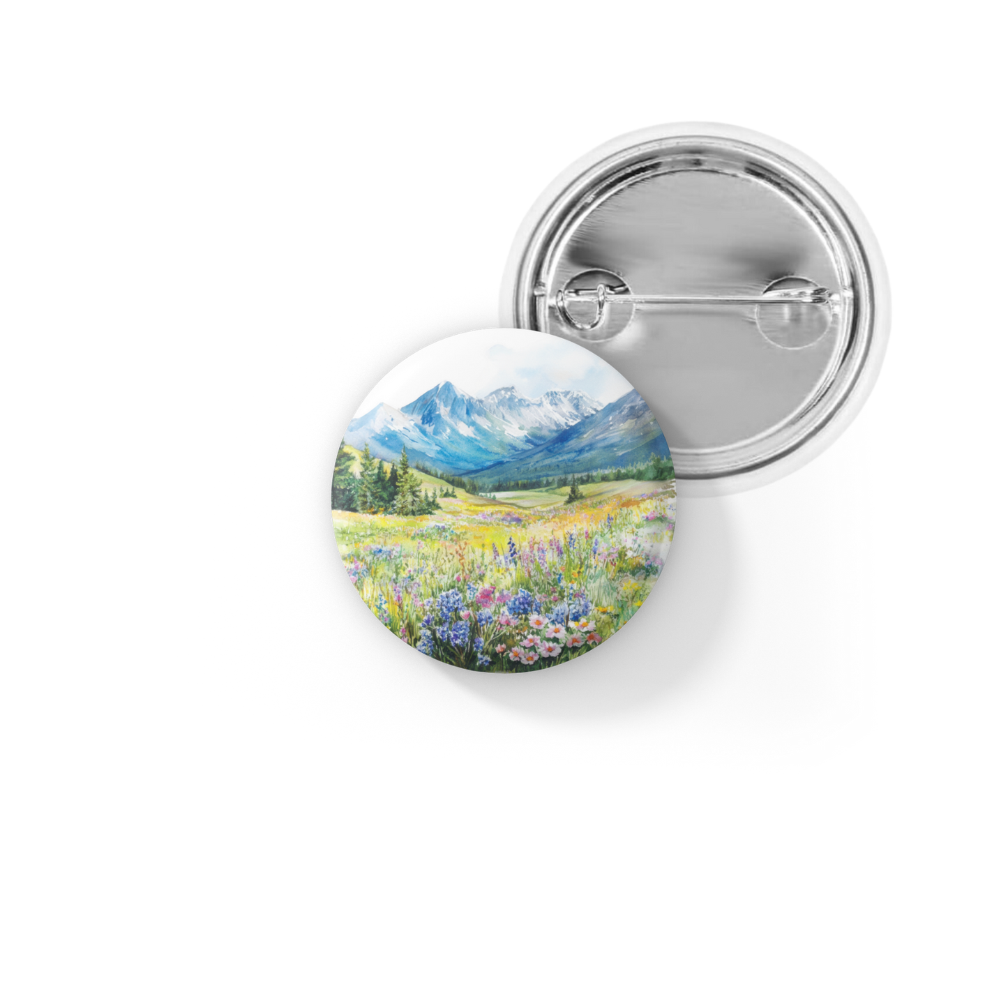 Mountains Spring Flowers 2 Pin Back Button, Magnet