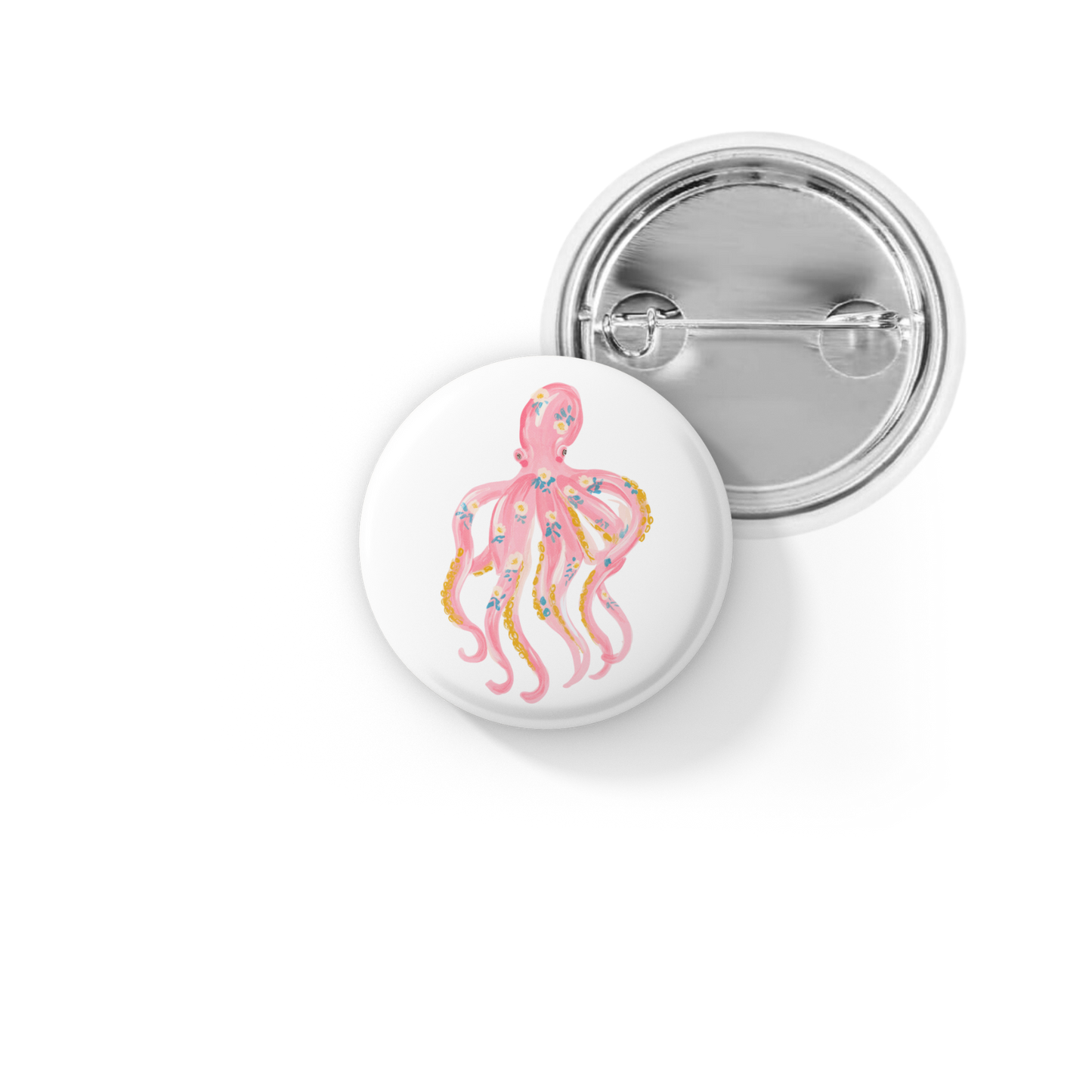 Pink Floral Octopus 1 Pin Back Button, Magnet