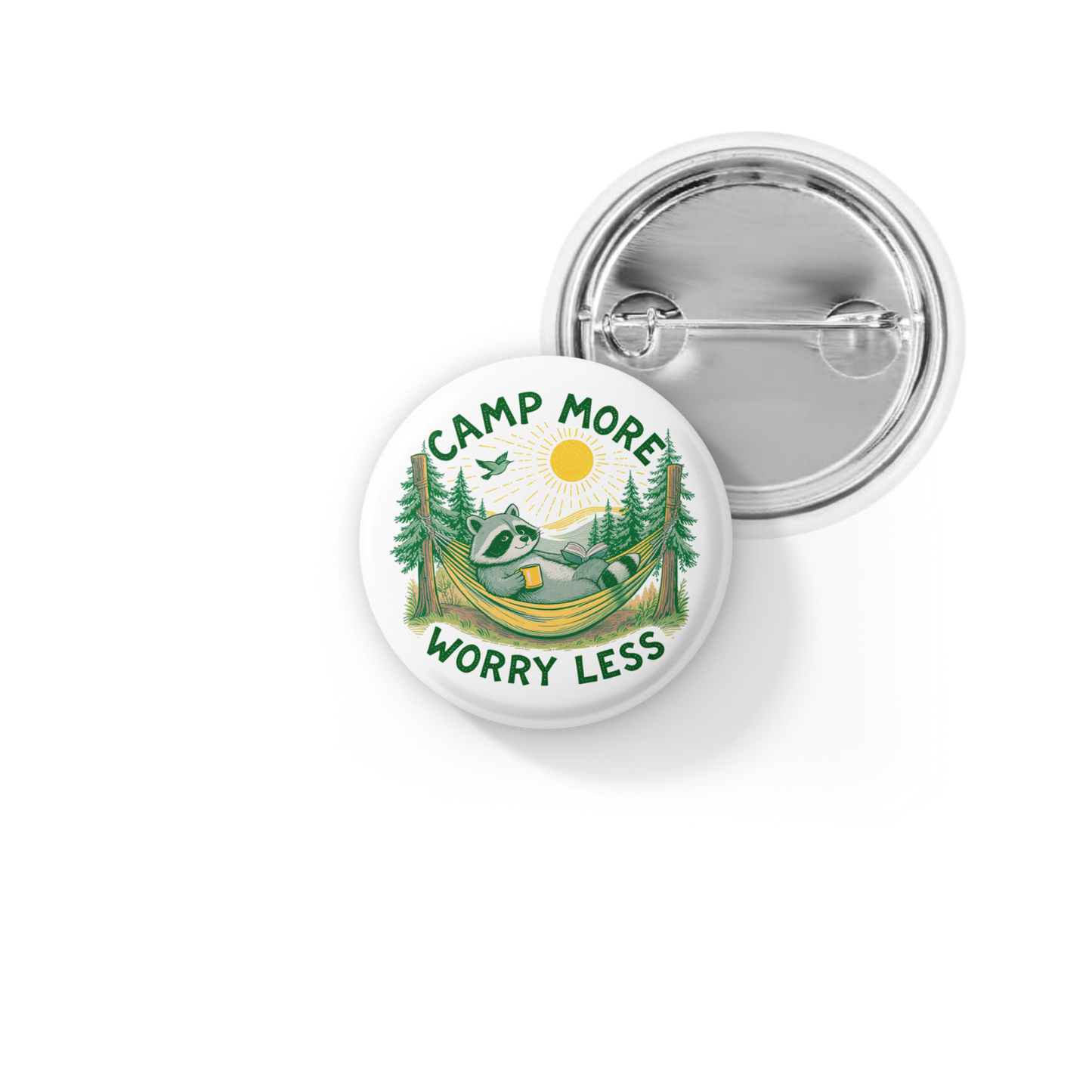 Camp More Worry Less Raccoon Pin Back Button, Magnet