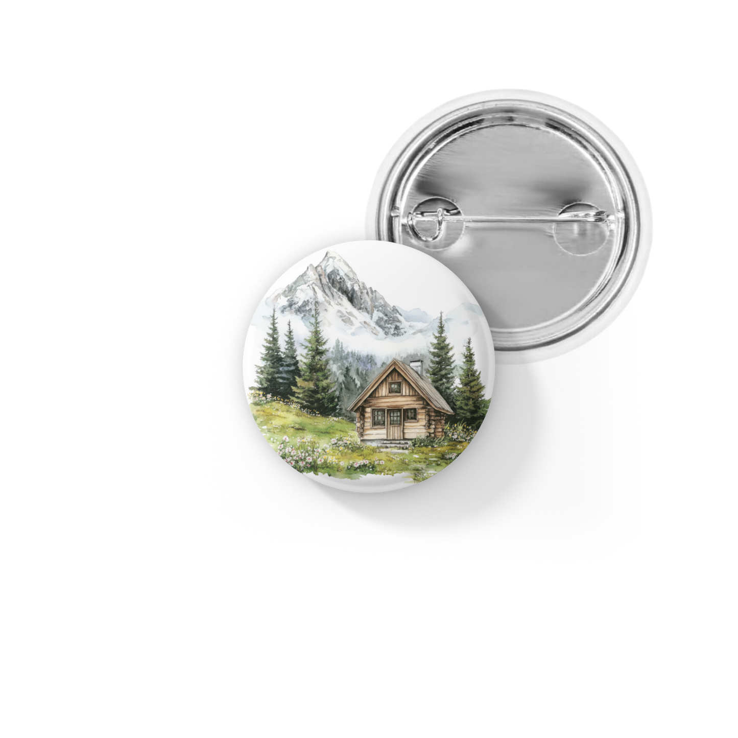Mountain Cabin Landscape Pin Back Button, Magnet