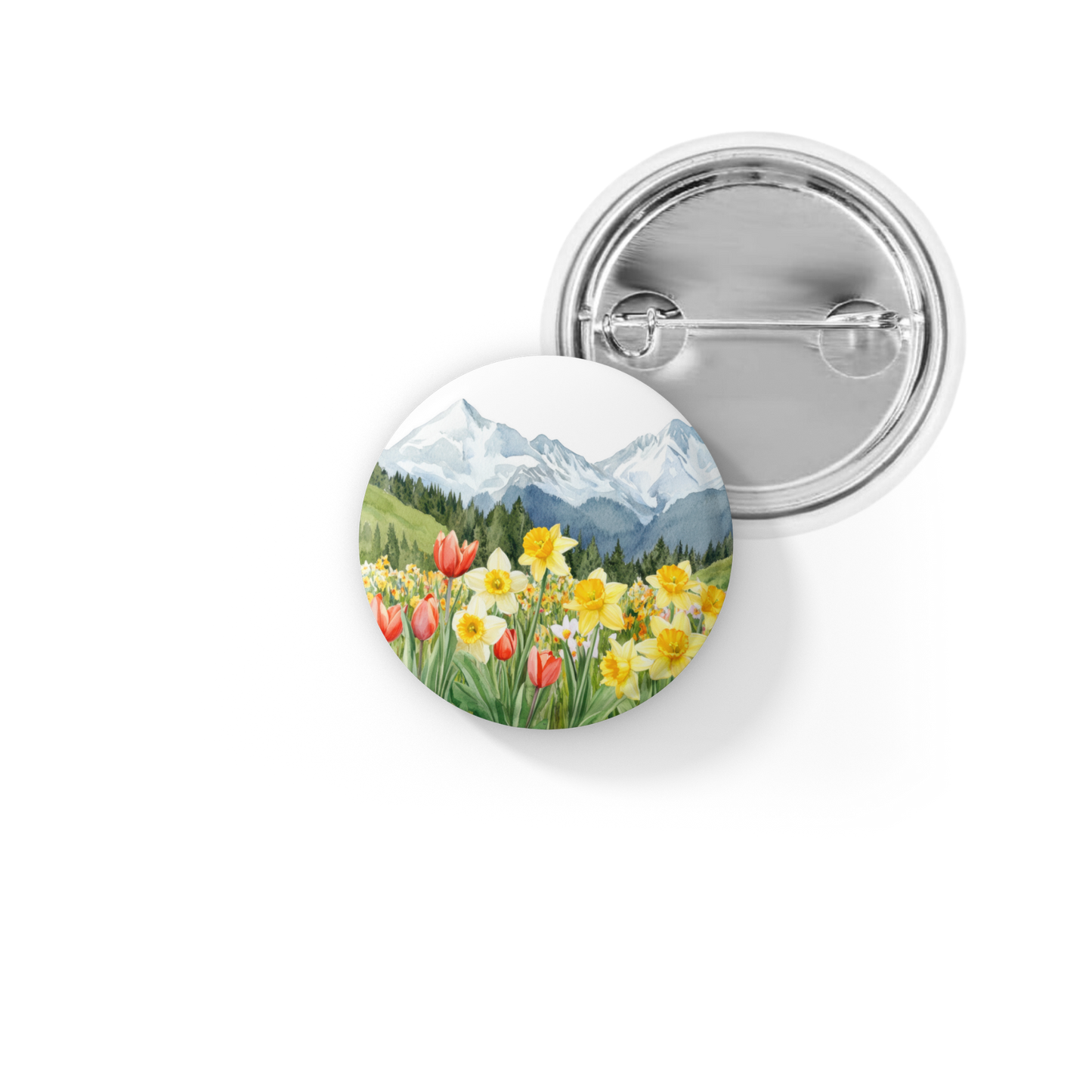 Mountains Spring Flowers 1 Pin Back Button, Magnet