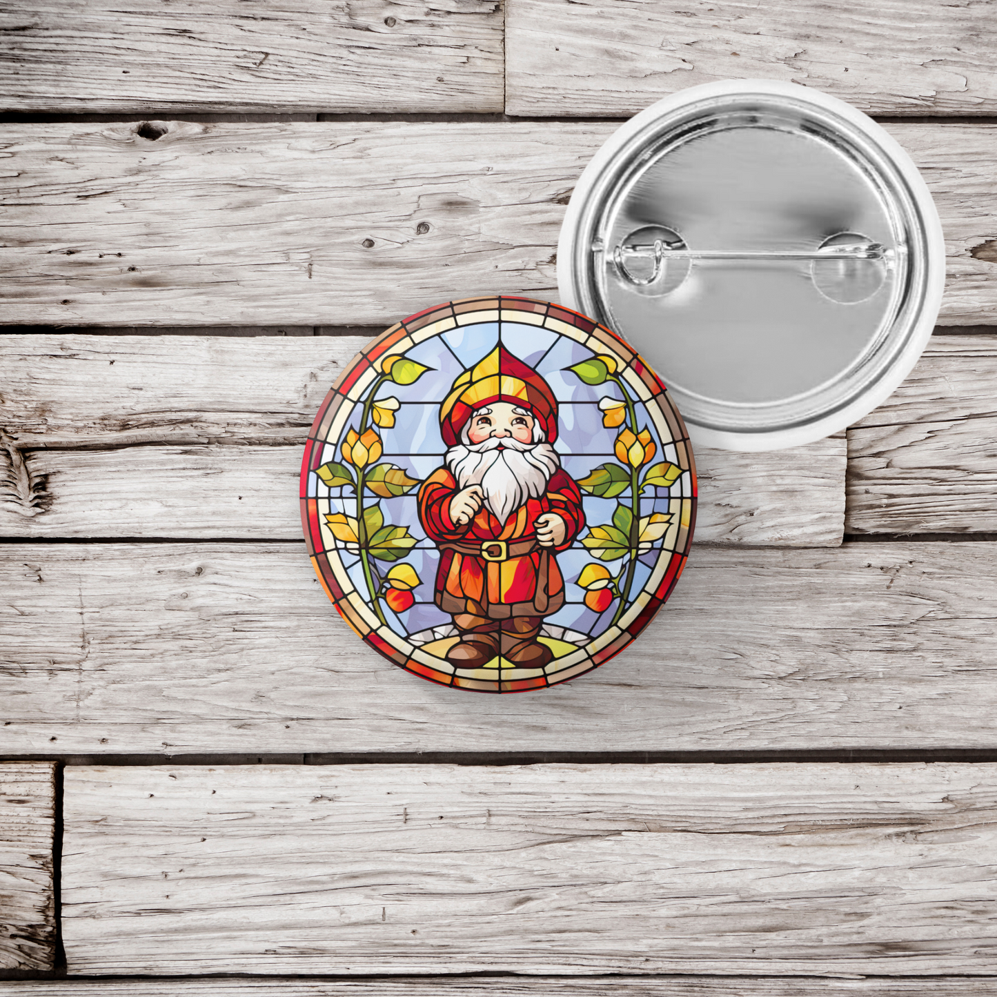 Stained Glass Gnome Pin Back Button, Magnet, Keychain