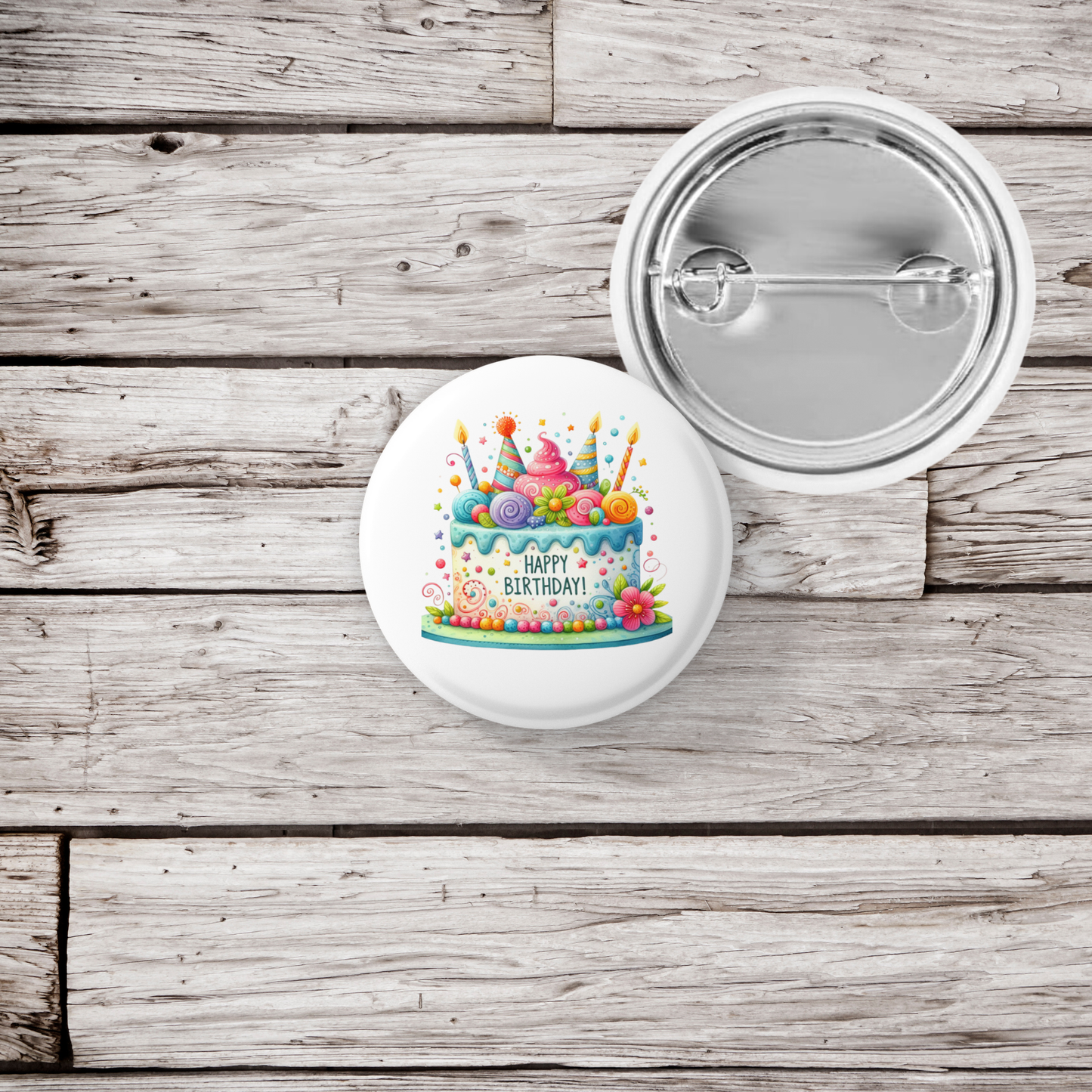 Happy Birthday Cake Pin Back Button, Magnet