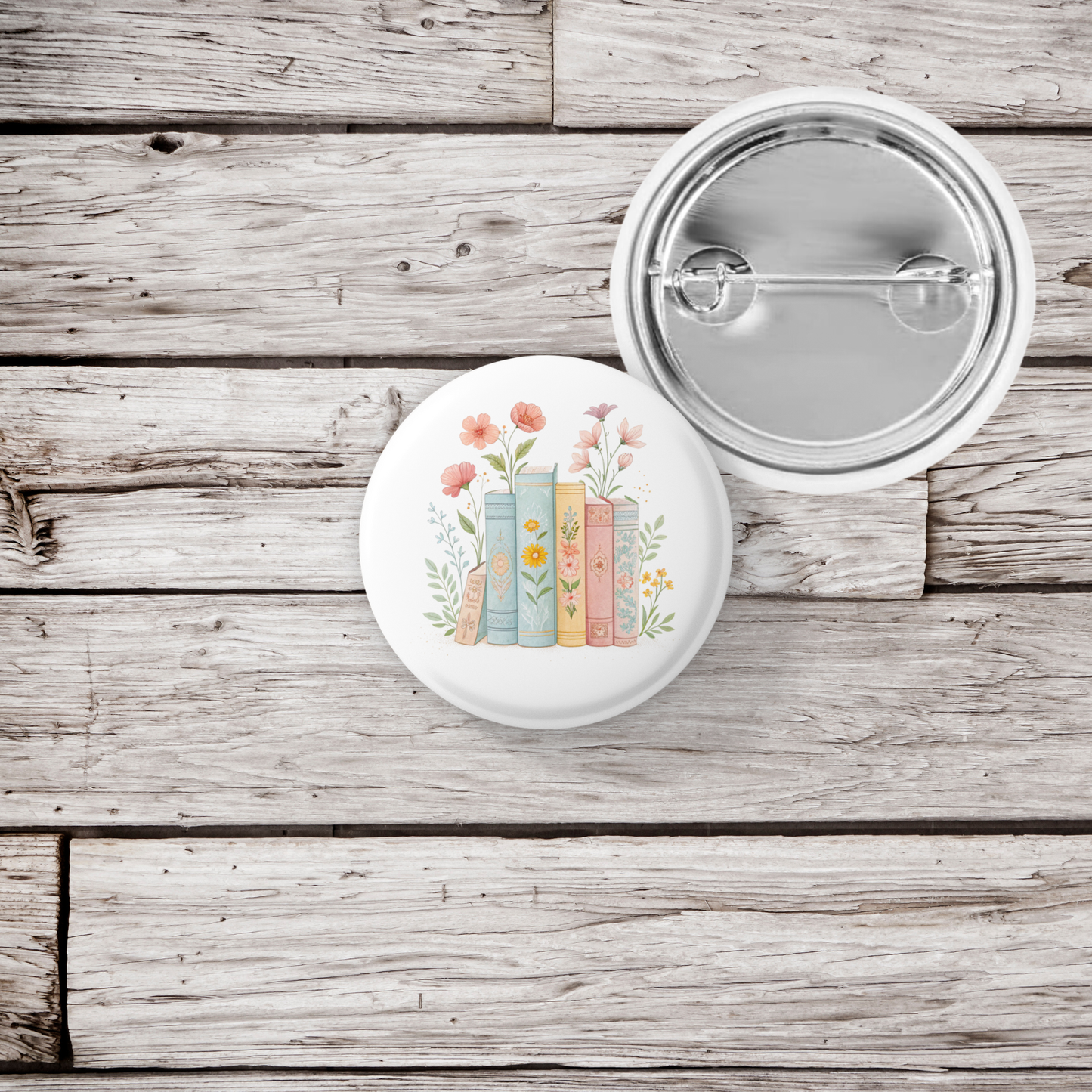 Floral Books Pin Back Button, Magnet