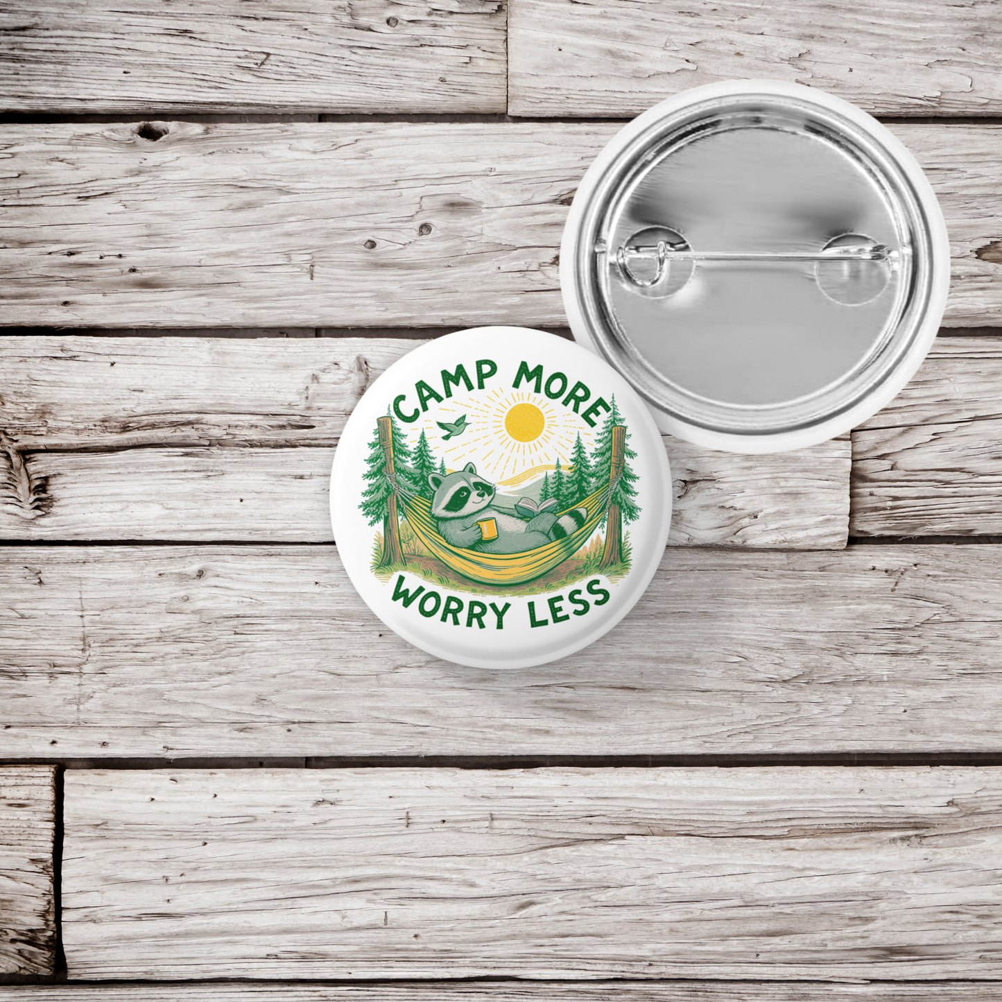 Camp More Worry Less Raccoon Pin Back Button, Magnet