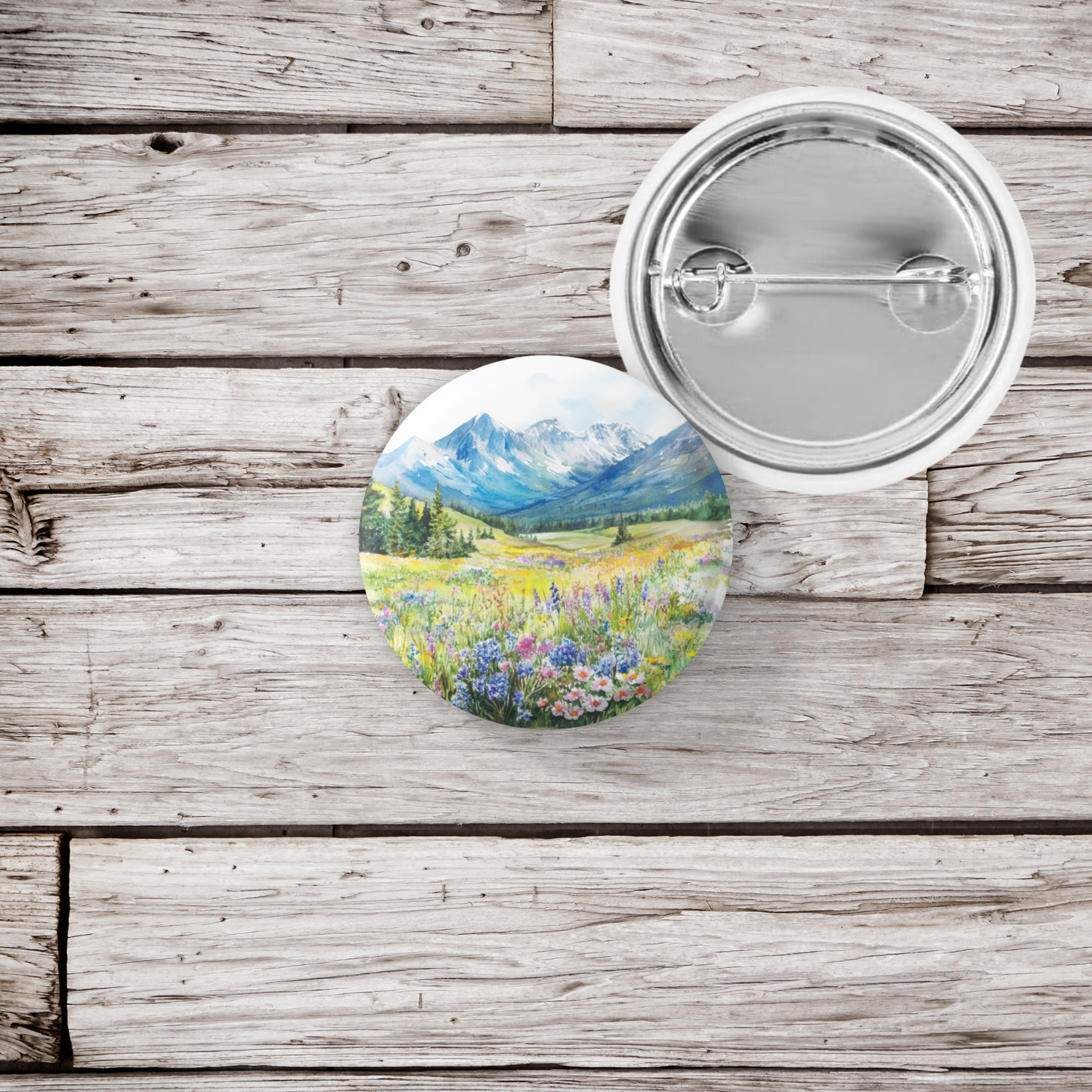 Mountains Spring Flowers 2 Pin Back Button, Magnet