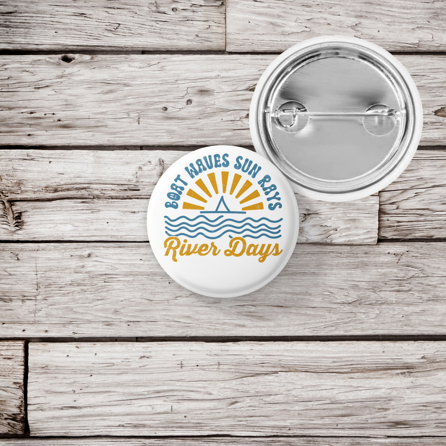 Boat Waves Sun Rays River Days Pin Back Button, Magnet