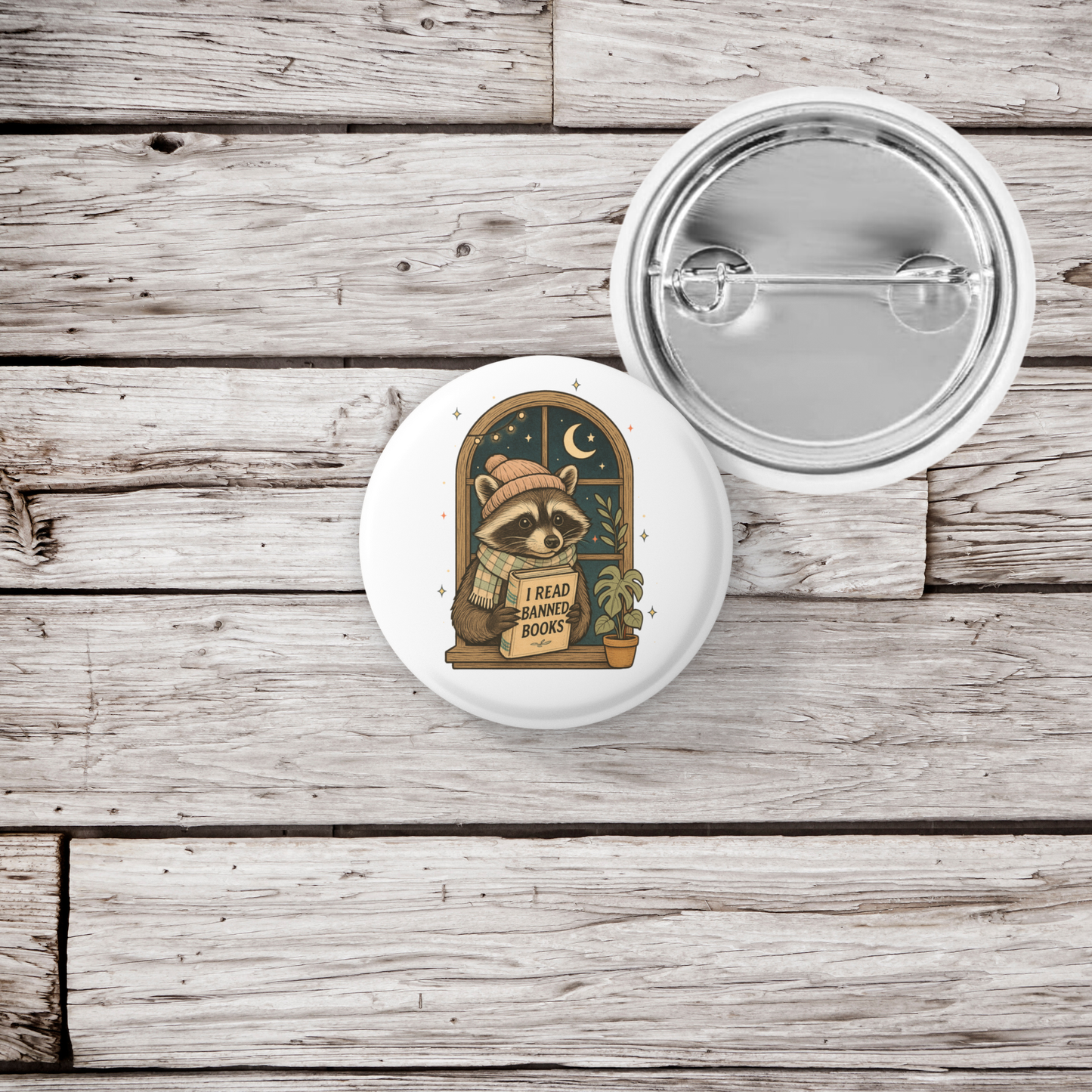I Read Banned Books Raccoon Pin Back Button, Magnet