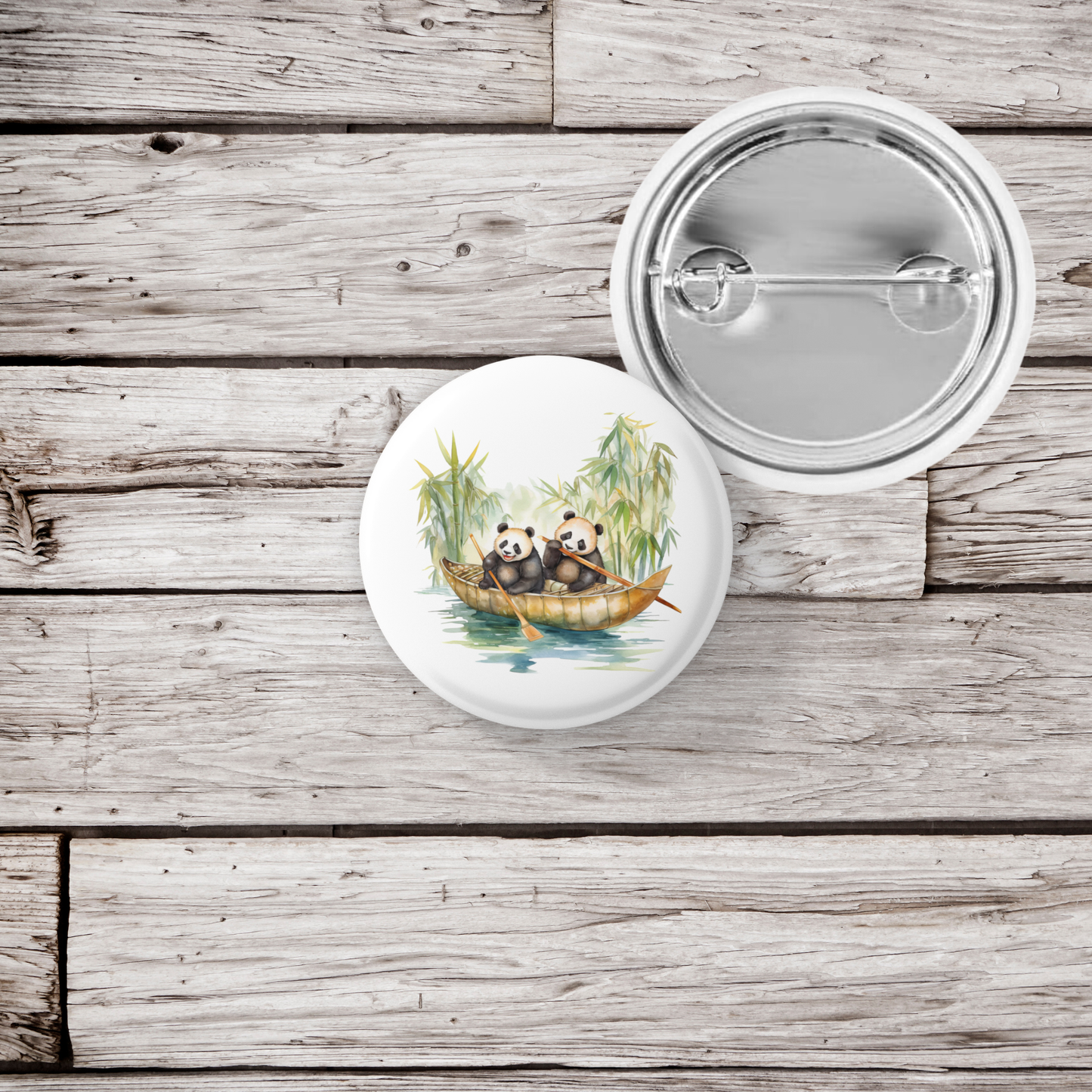 Pandas in Boat Pin Back Button, Magnet