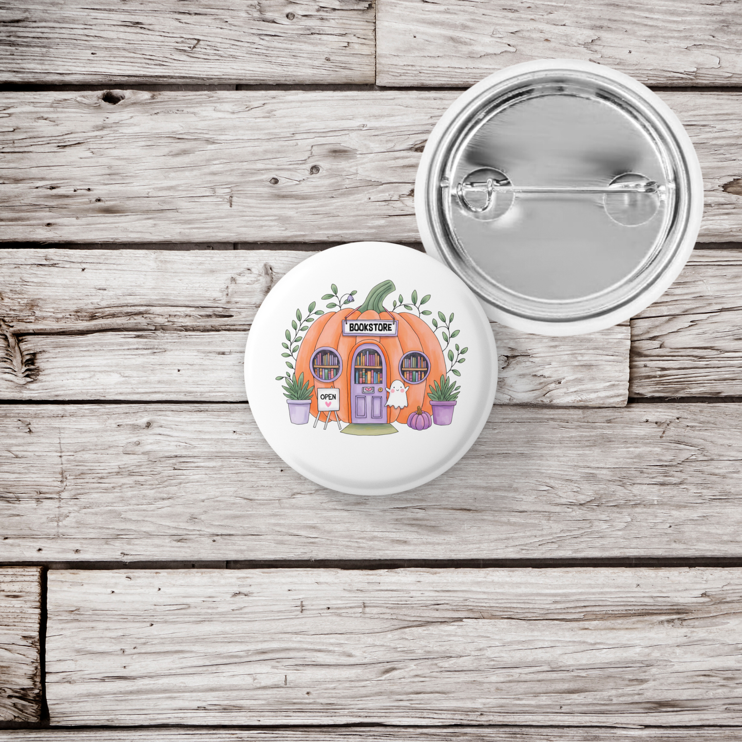 Pumpkin Book Store Pin Back Button, Magnet