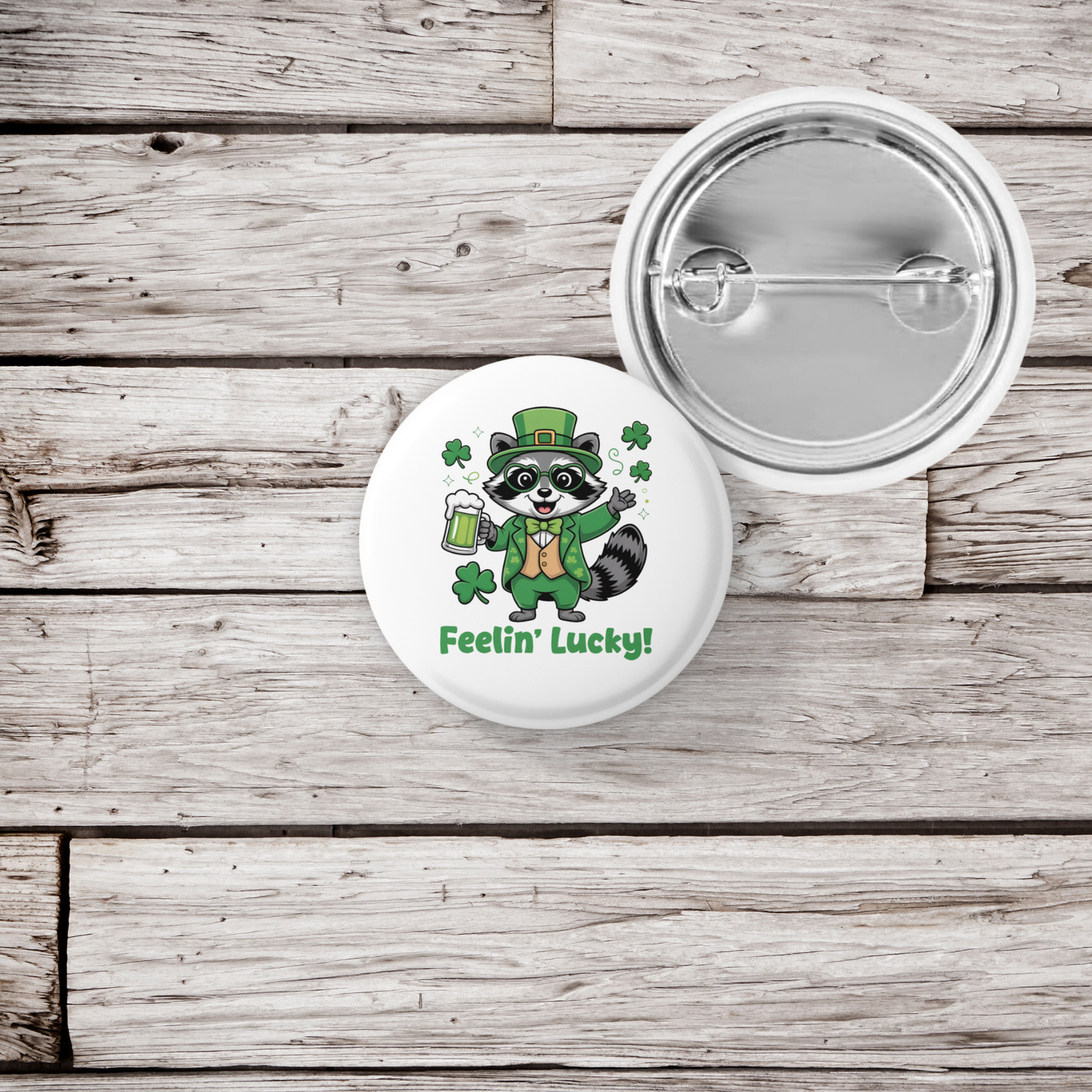 Feelin Lucky Raccoon Pin Back Button, Magnet