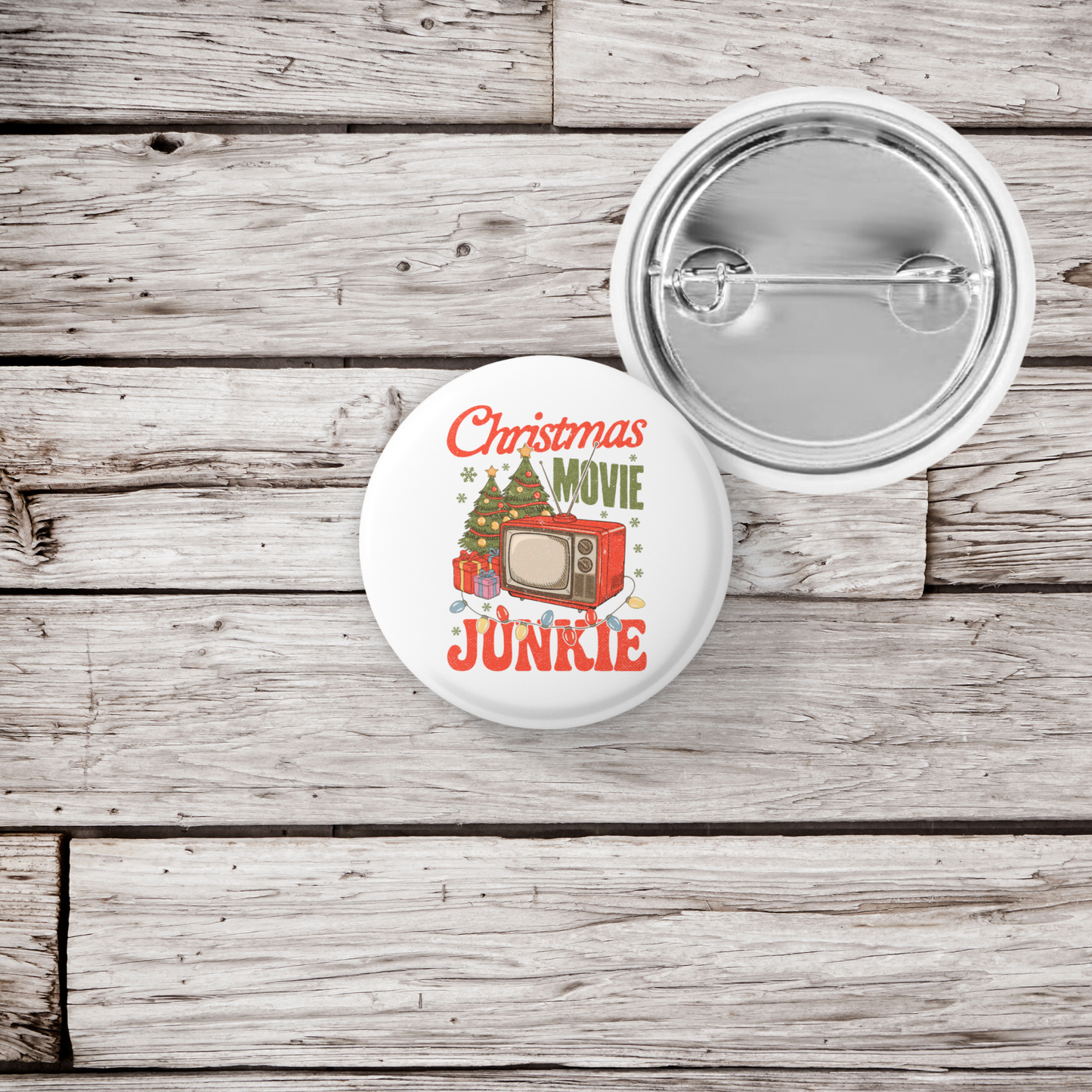 Christmas Movie Junkie Is In The Air Pin Pin Back Button, Magnet