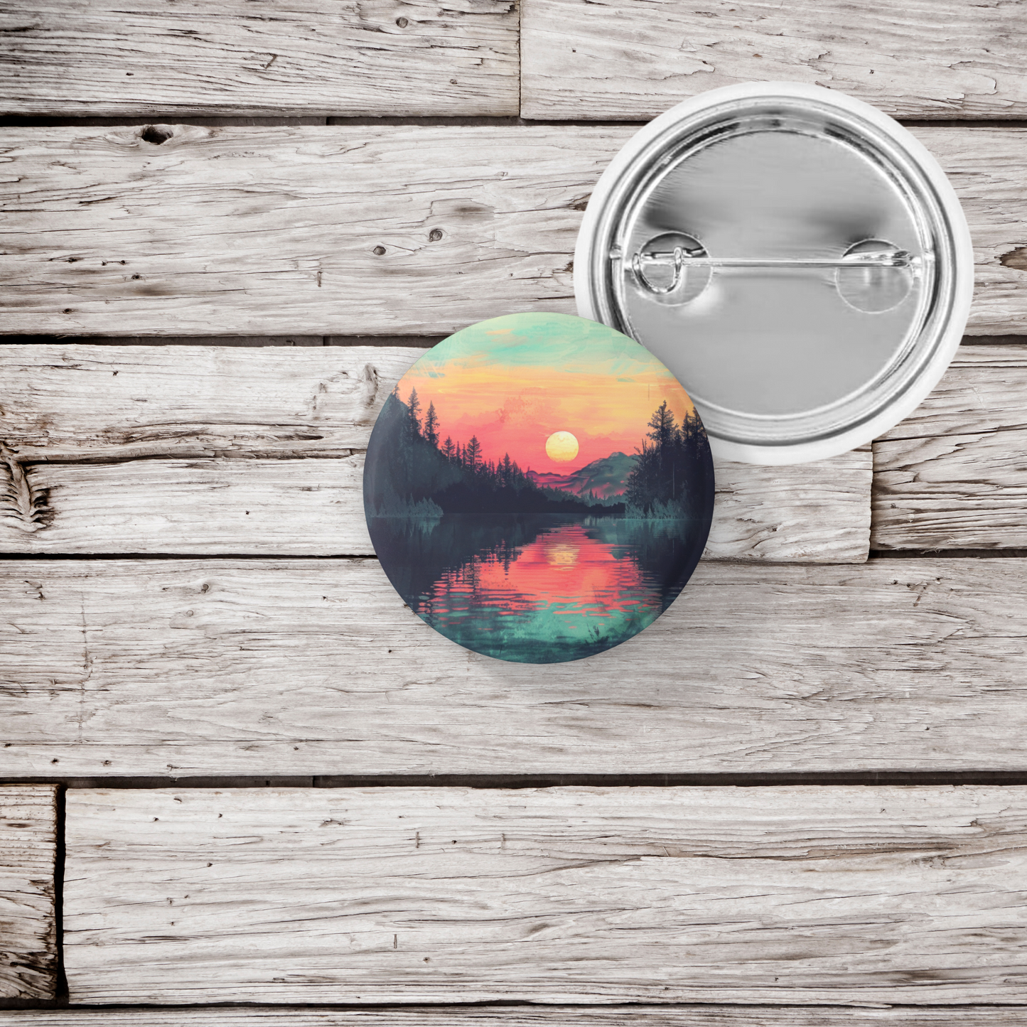 Sunset Forest Lake Pin Back Button, Magnet