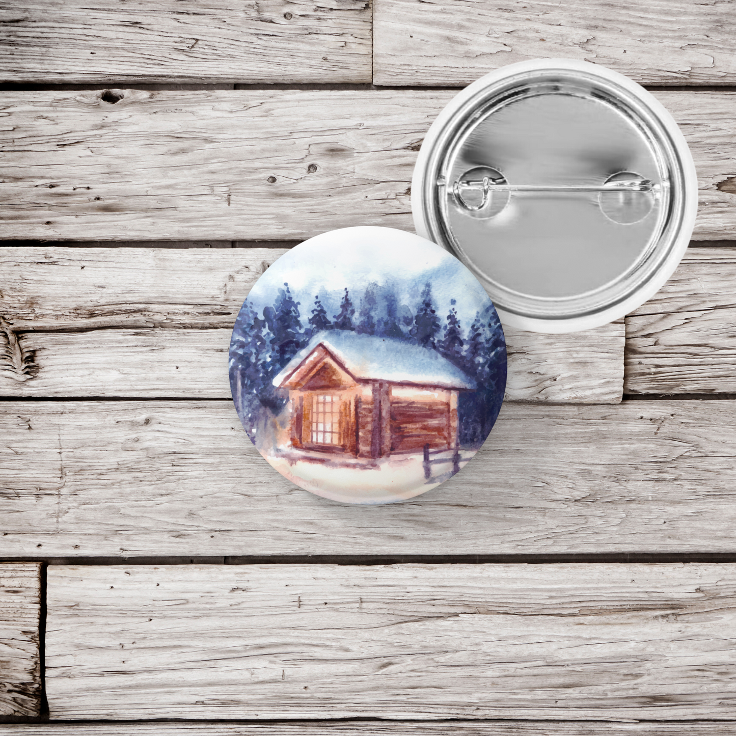 Winter Cabin Pin Back Button, Magnet, Keychain