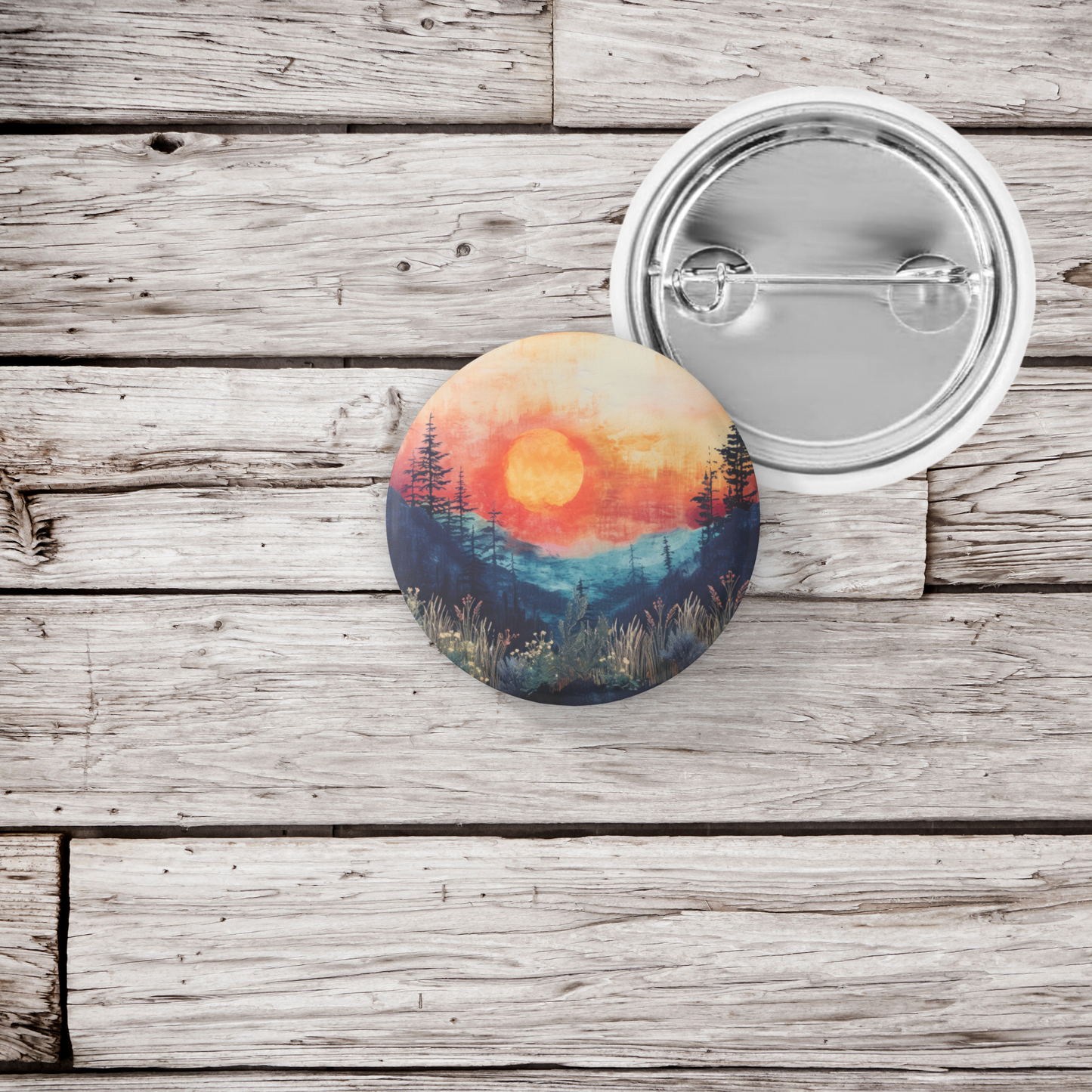 Sunset Forest Pin Back Button, Magnet