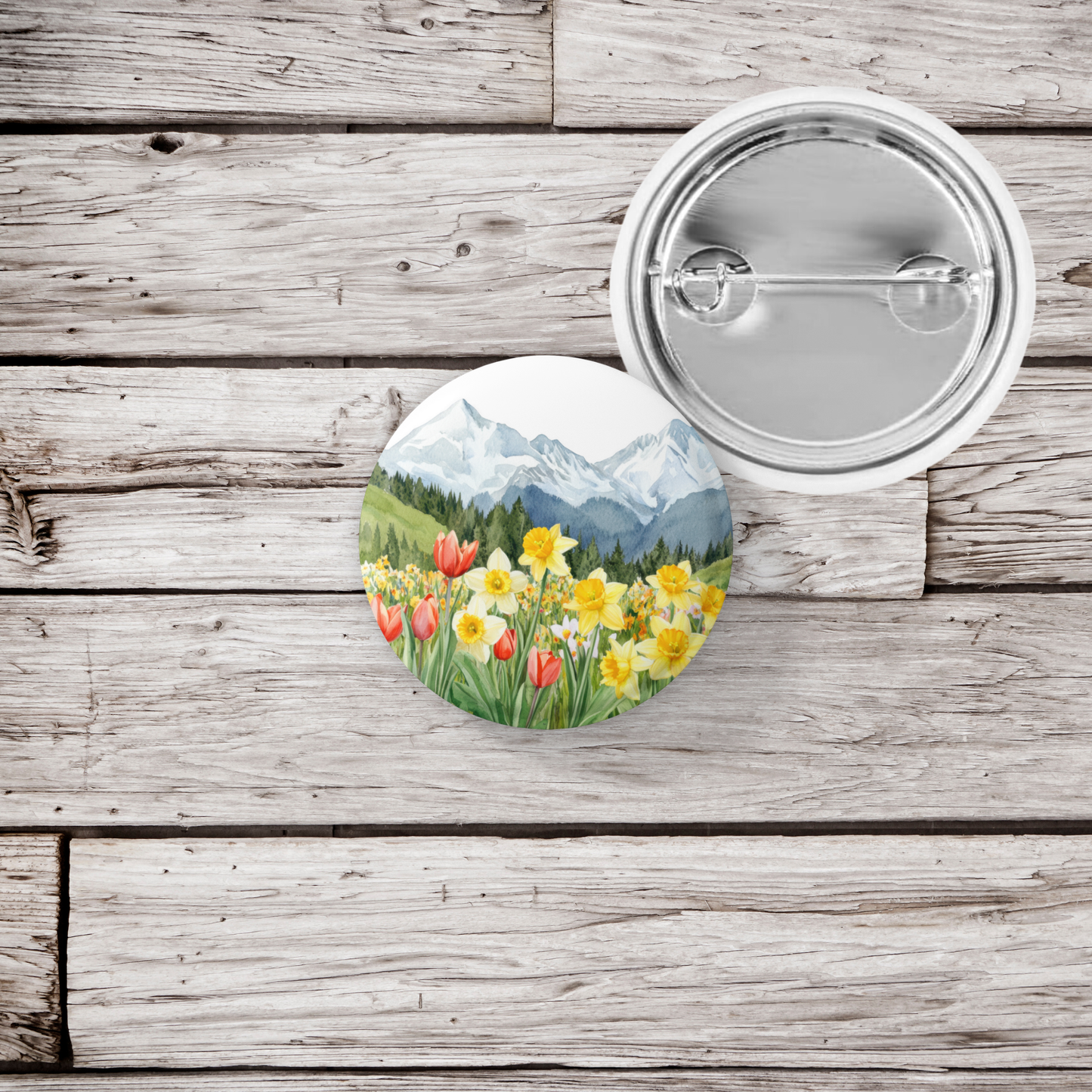 Mountains Spring Flowers 1 Pin Back Button, Magnet