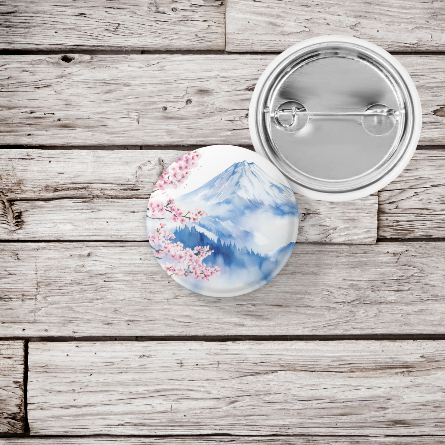 Cherry Blossom Mountain Pin Back Button, Magnet
