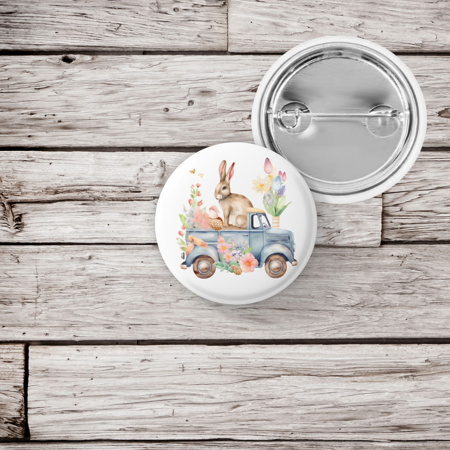 Easter Bunny Truck Pin Back Button, Magnet, Keychain