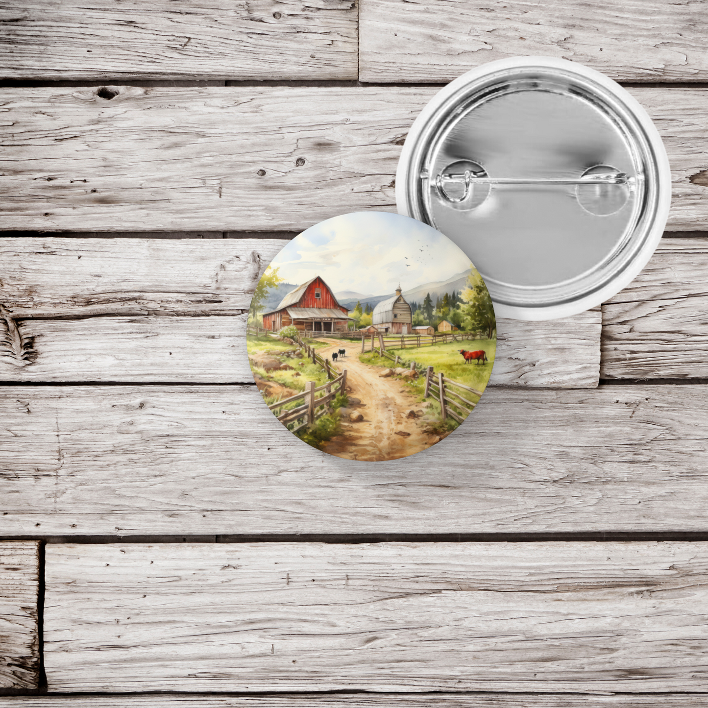 Farm Landscape 1 Pin Back Button, Magnet, Keychain