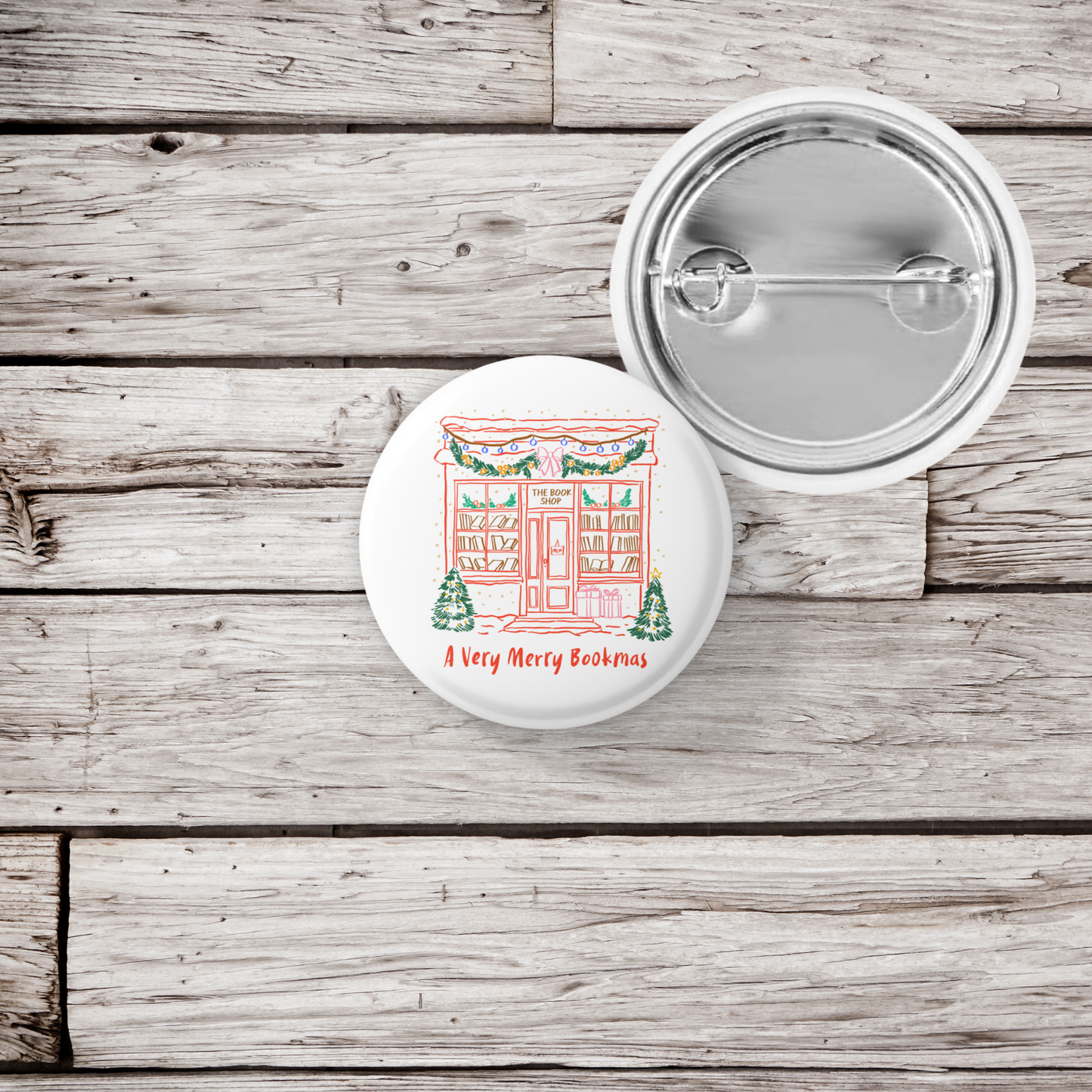 Christmas Bookshop Pin Pin Back Button, Magnet