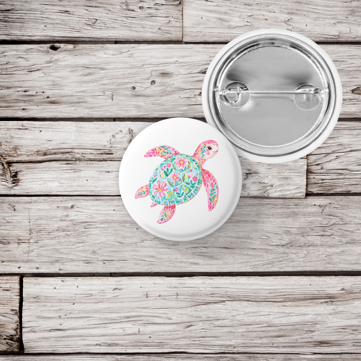 Pink Floral Sea Turtle Pin Back Button, Magnet