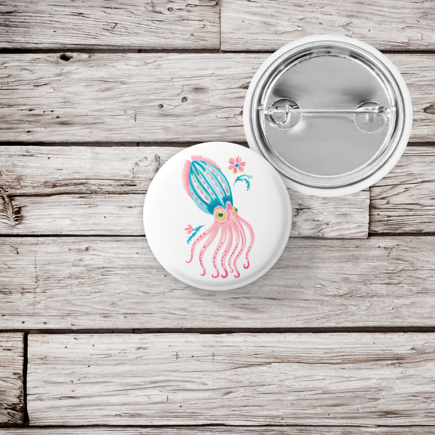 Pink Squid Pin Back Button, Magnet