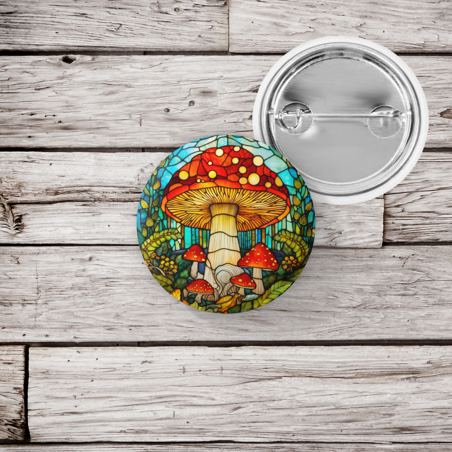 Stained Glass Mushroom Pin Back Button, Magnet, Keychain