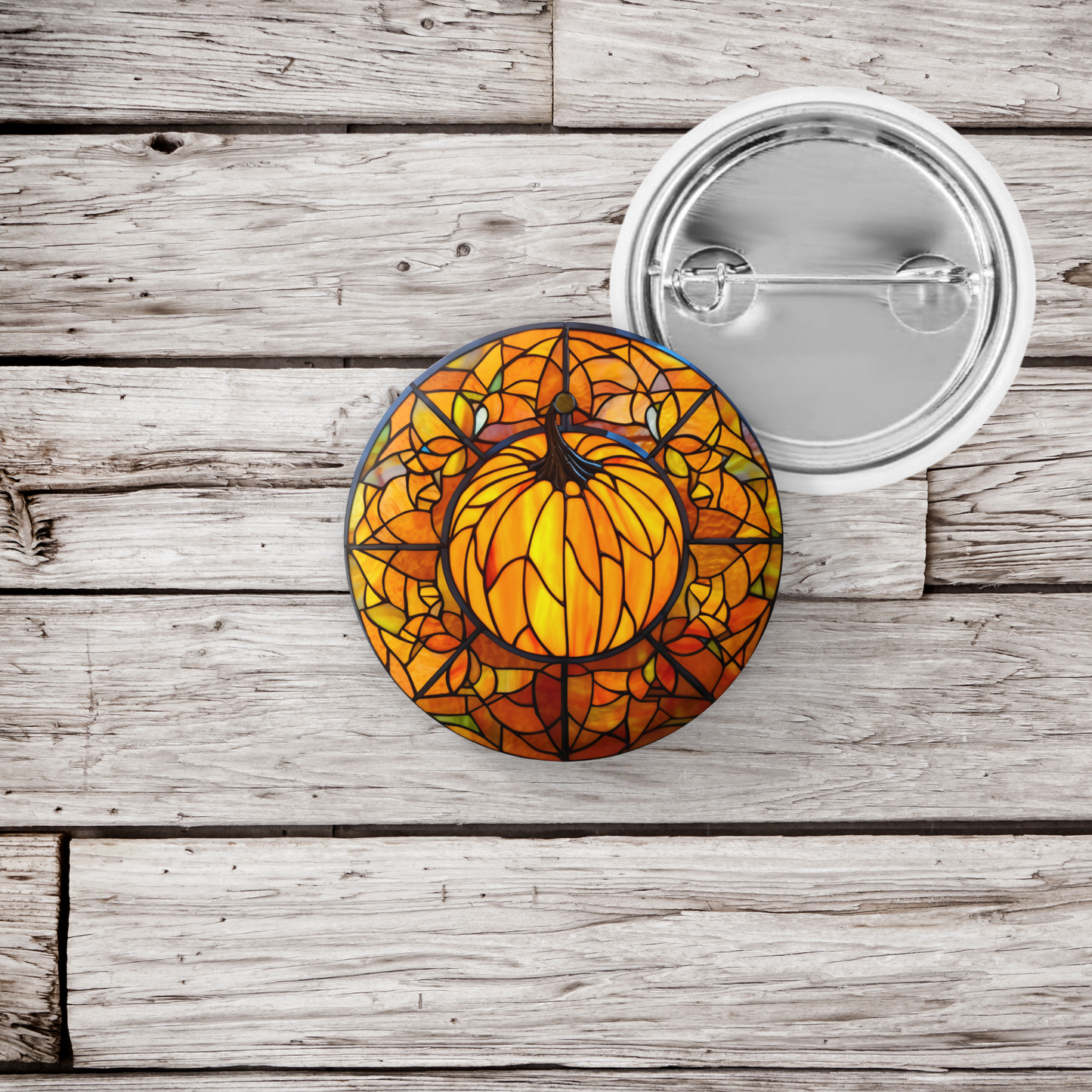 Stained Glass Pumpkin Pin Back Button, Magnet, Keychain