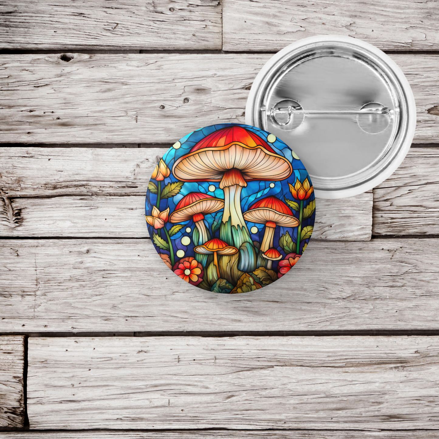 Stained Glass Mushroom Pin Back Button, Magnet, Keychain