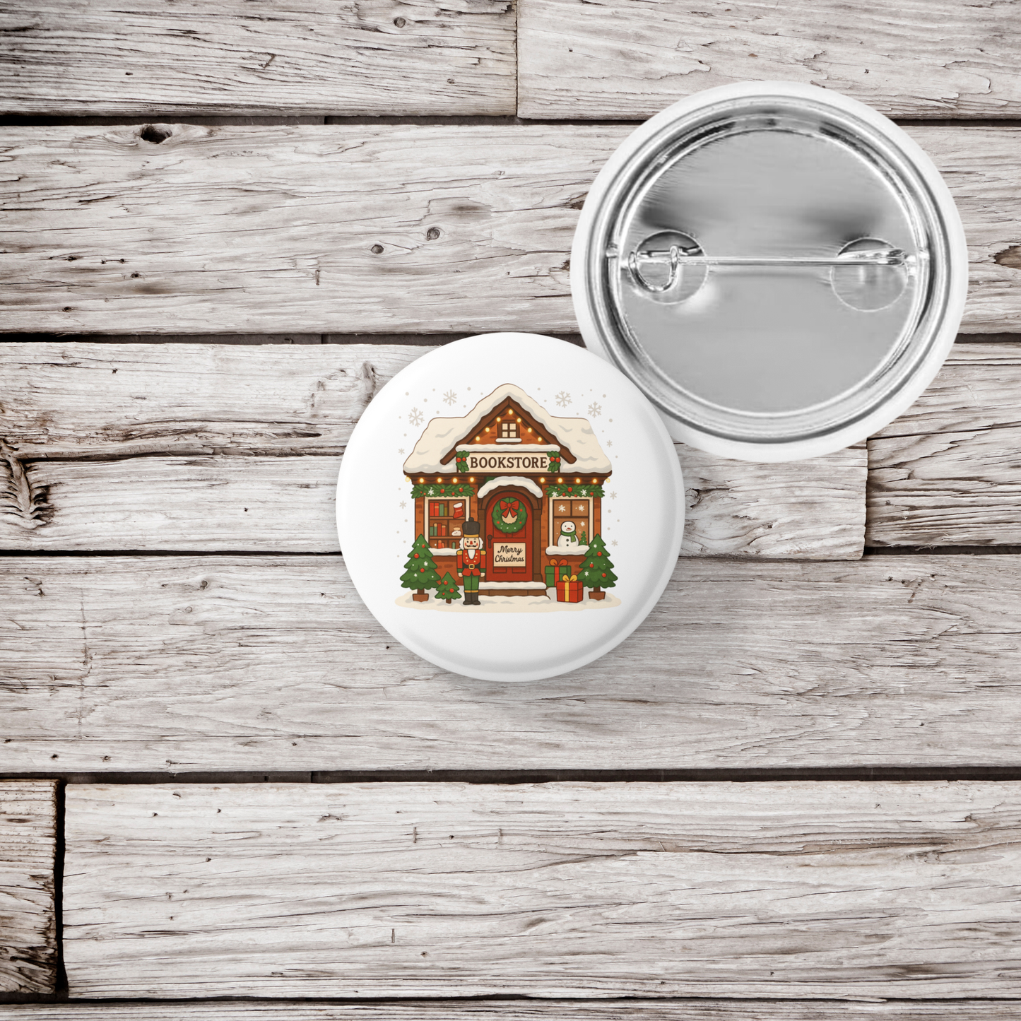 Christmas Book Store Pin Pin Back Button, Magnet