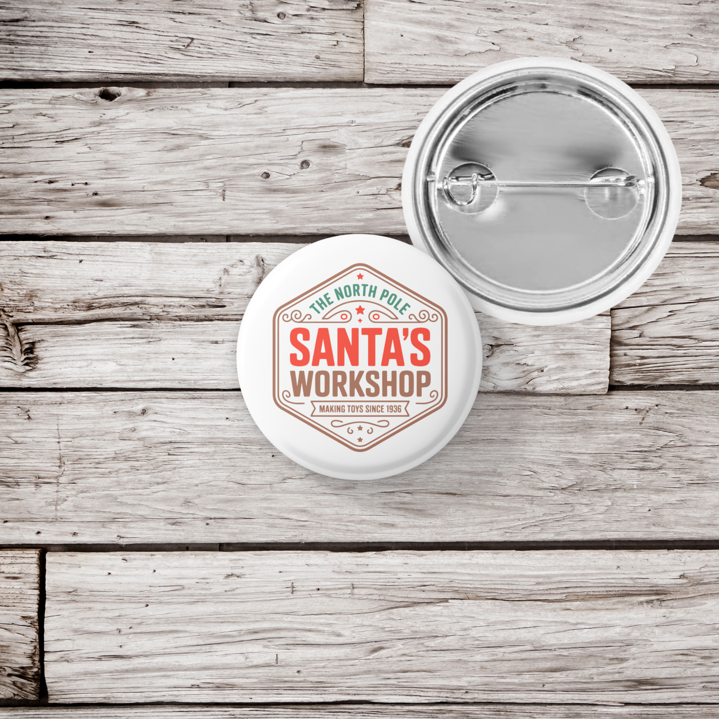 The North Pole Santas Workshop Pin Back Button, Magnet