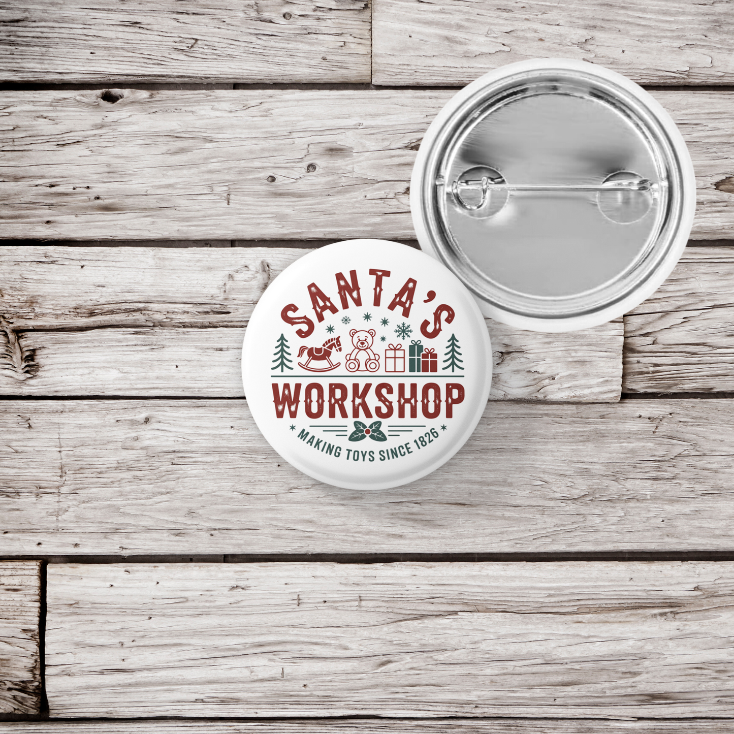 Santa's Workshop Pin Back Button, Magnet
