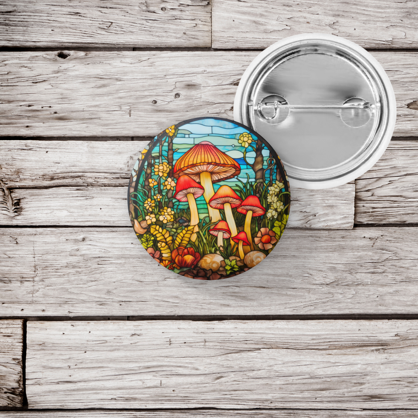 Stained Glass Mushroom Pin Back Button, Magnet, Keychain