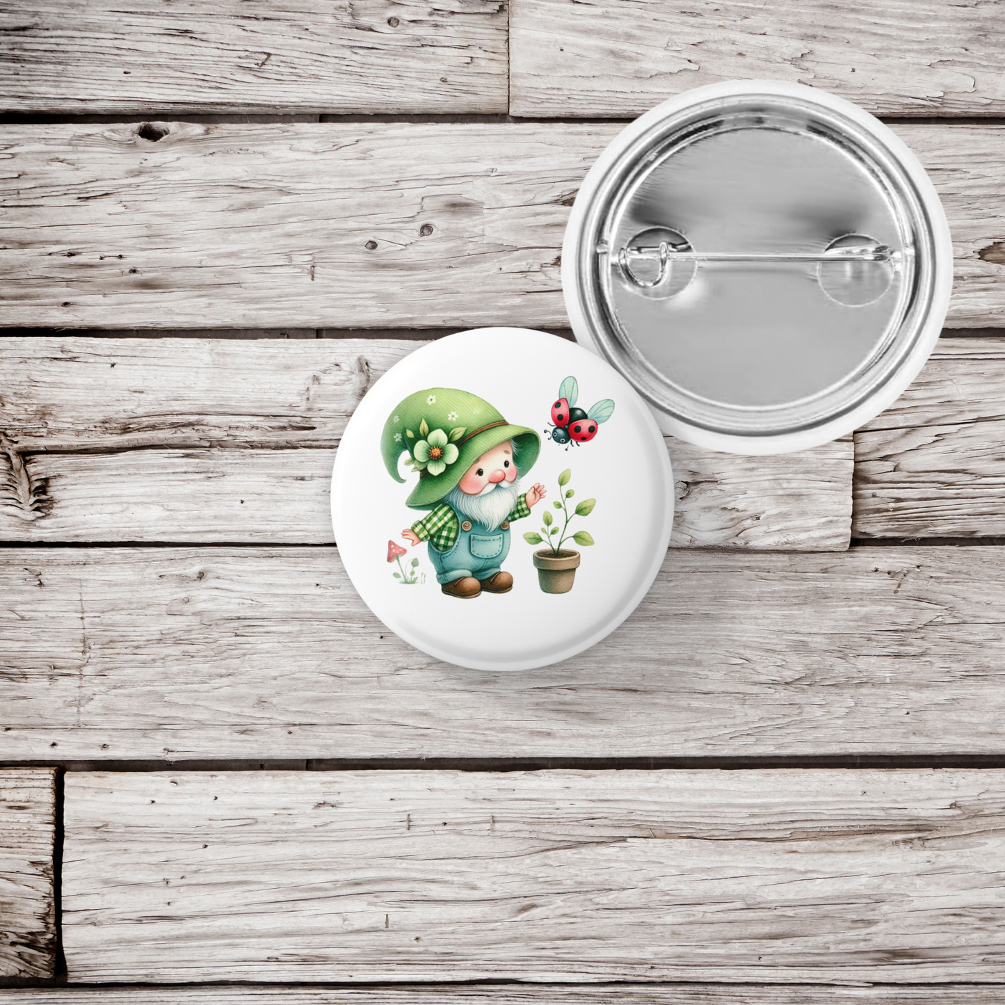 Garden Gnome Lady Bug Pin Back Button, Magnet