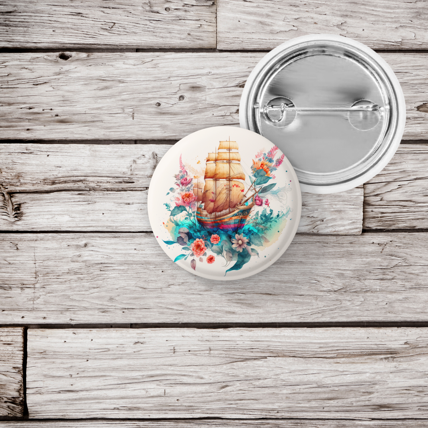 Floral Pirate Ship Pin Back Button, Magnet, Keychain