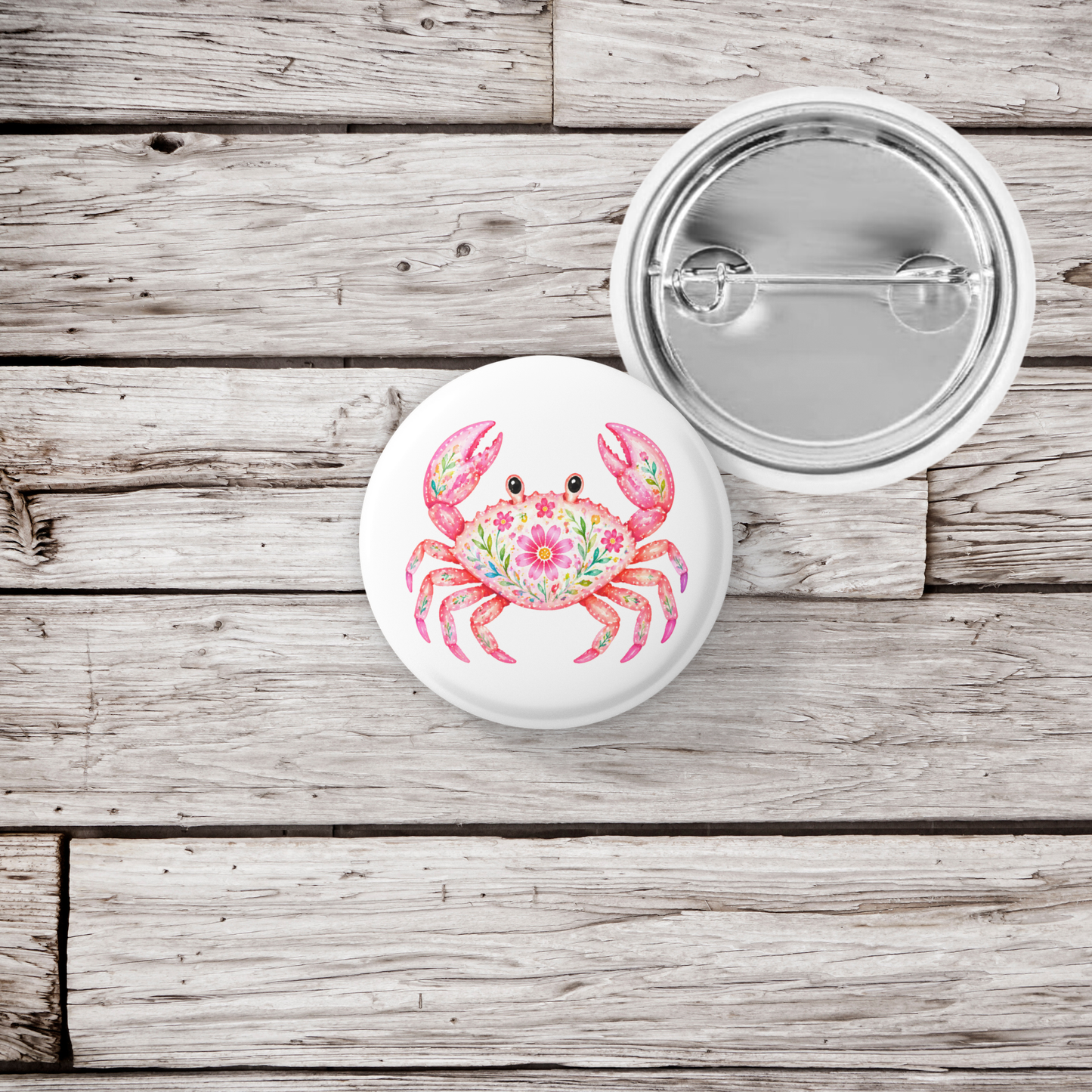 Floral Pink Crab Pin Back Button, Magnet