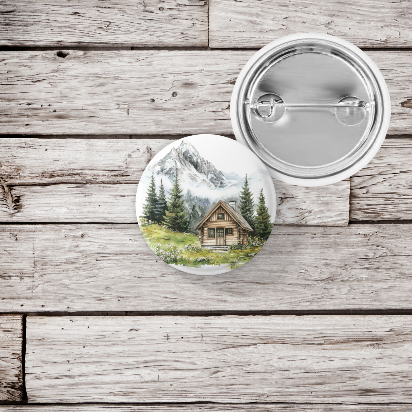 Mountain Cabin Landscape Pin Back Button, Magnet
